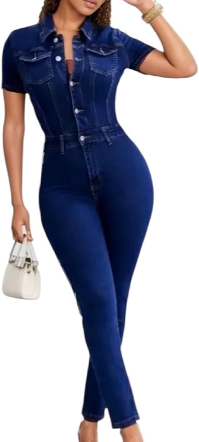 Women’s High-Waisted Denim Jumpsuit – Stretch Casual Jeans One-Piece Outfit for Spring & Autumn Fashion
