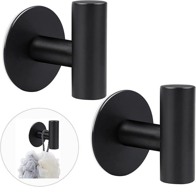 2 Pack Bathroom Towel Hook, Stainless Steel Heavy Duty Hook Black Self Adhesive Hook Sticky Hooks Shower Sponge Hook Stick-on Hooks Black Towel Hook for Bathroom / Kitchen / Bedroom(Black)