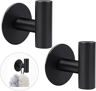 2 Pack Bathroom Towel Hook, Stainless Steel Heavy Duty Hook Black Self Adhesive Hook Sticky Hooks Shower Sponge Hook Stick-on Hooks Black Towel Hook for Bathroom/Kitchen/Bedroom(Black)