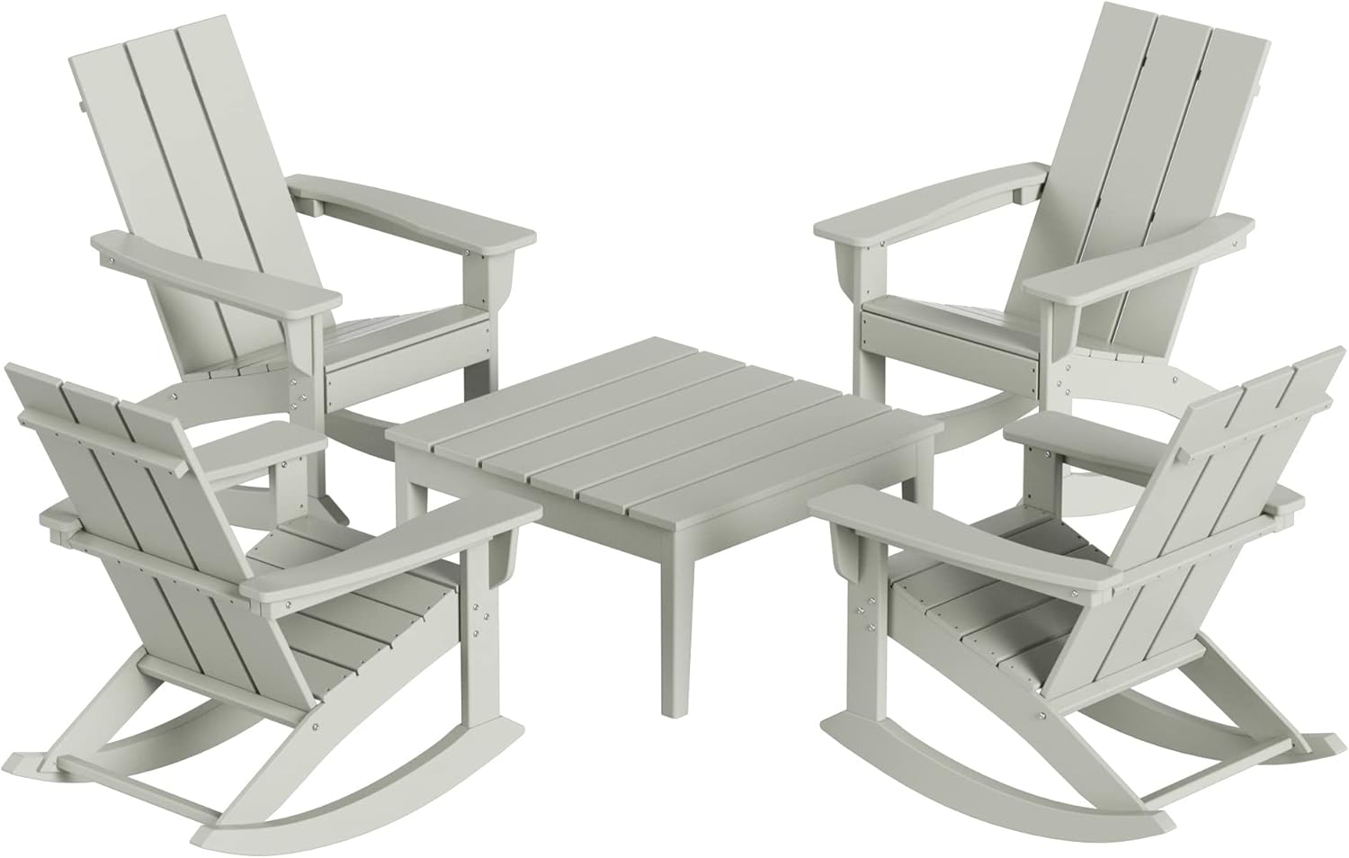 WO Home Furniture Patio Rocking Chair Modern 5 PCS HDPE Outdoor Rocking Furniture Set, Dark Green