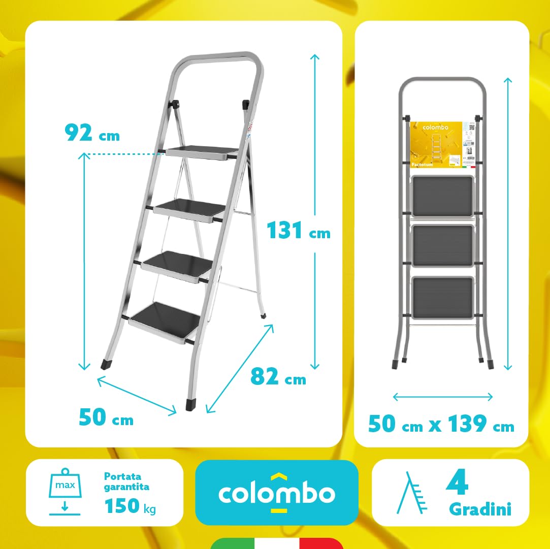 Colombo Scaletta Pieghevole 4 Gradini Factotum | Scala Richiudibile Domestica Salvaspazio in Alluminio con Gradini Antiscivolo Extra Larghi e Piedini in Gomma, Robusta e Sicura | Made In Italy