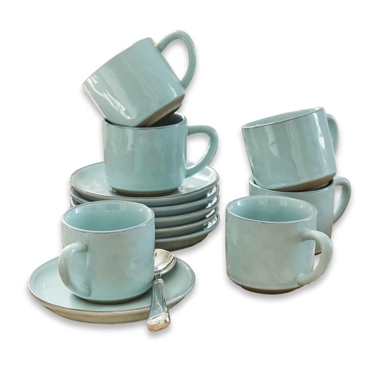 LOBERON Biarré Lot de 6 tasses et soucoupes - Très belle surface irrégulière - Style naturel authentique, turquoise