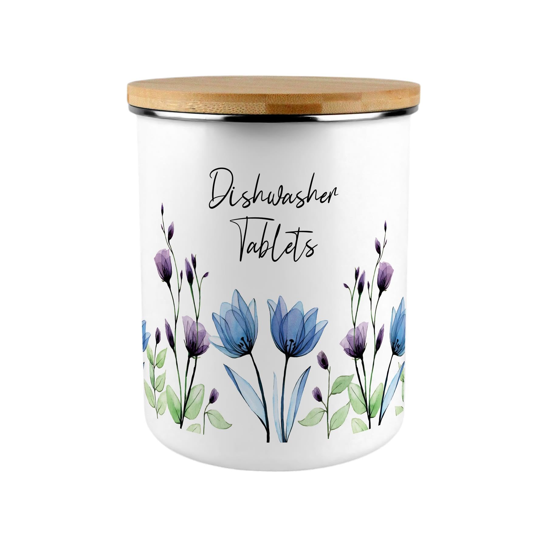 Blooming Lovely Flowers Dishwasher Tablets Canister - Blue & Purple Floral Extra Large Enamel Kitchen Storage Container Gift