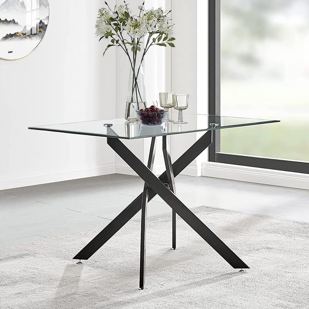 GOLDFAN Modern Glass Dining Table Rectangle Black Chrome Legs Kitchen