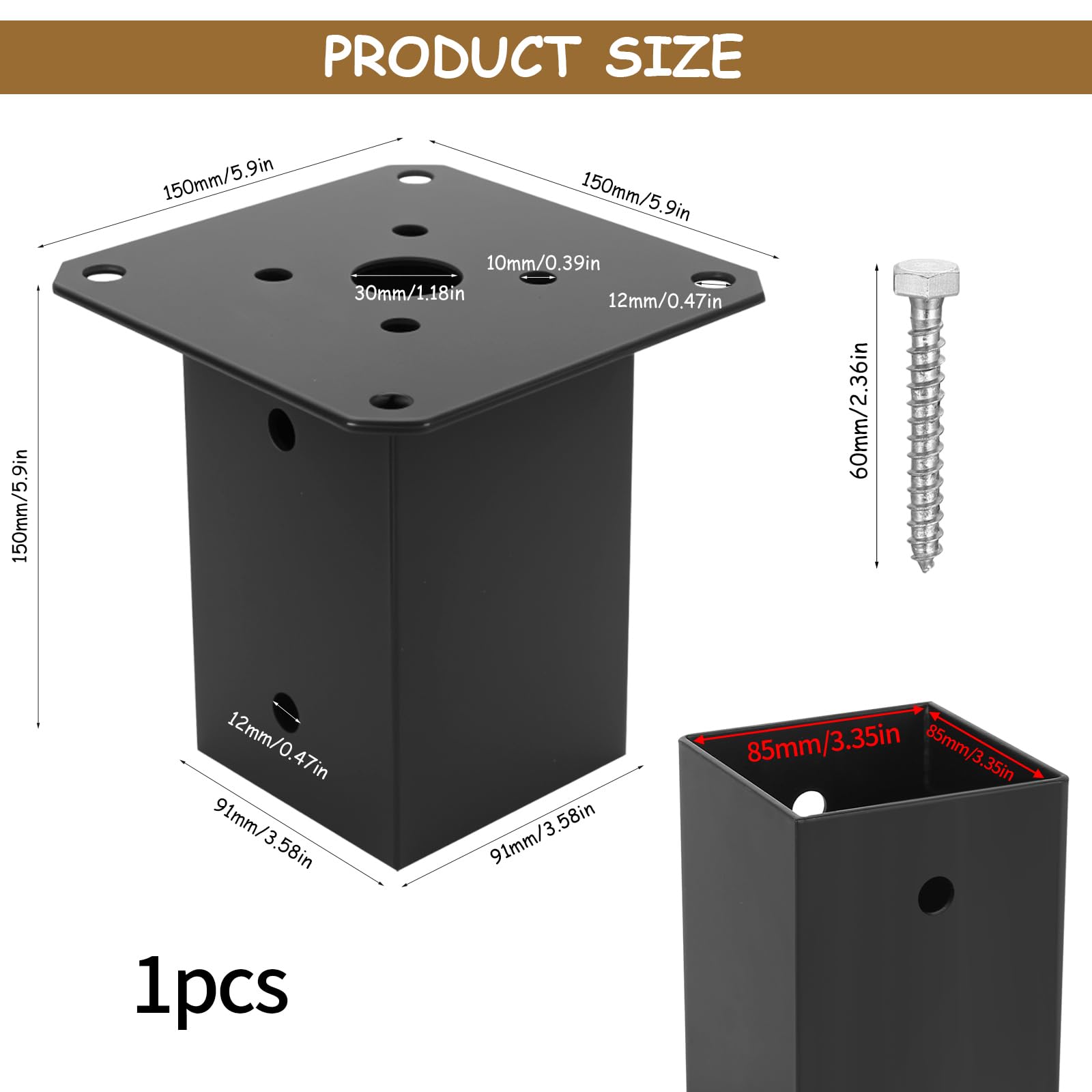 Fence Post Brackets Supports, Square Metal Heavy Duty Bolt Down Post Support Base Holder for Fence Posts Decking 90 mm x 90 mm x 150mm - Image 2