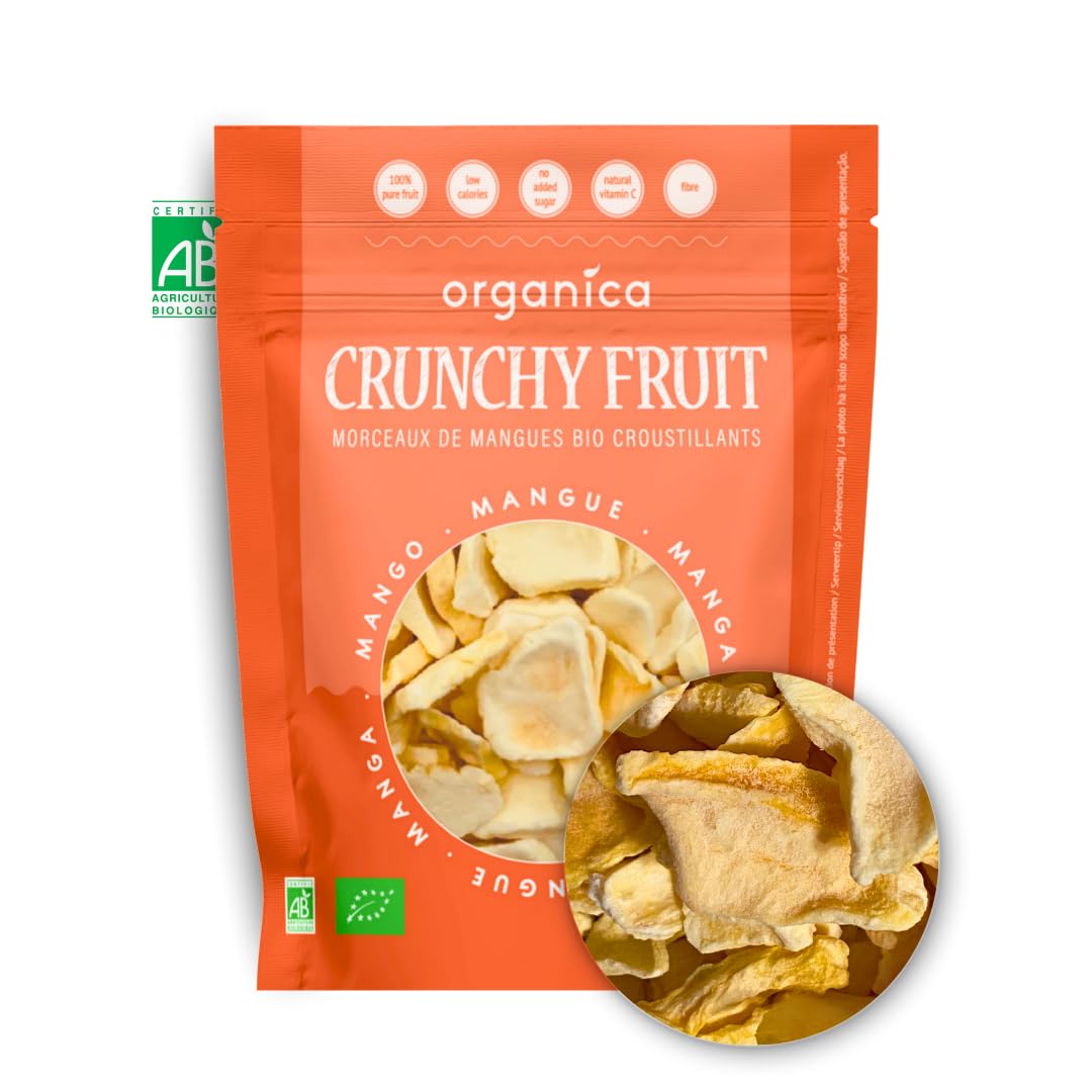 Organica Food Crunchy Mangues lyophilisées Bio 100% fruit – 5 sachets – Fruits lyophilisés snack croustillant vegan sans sucres ajoutés