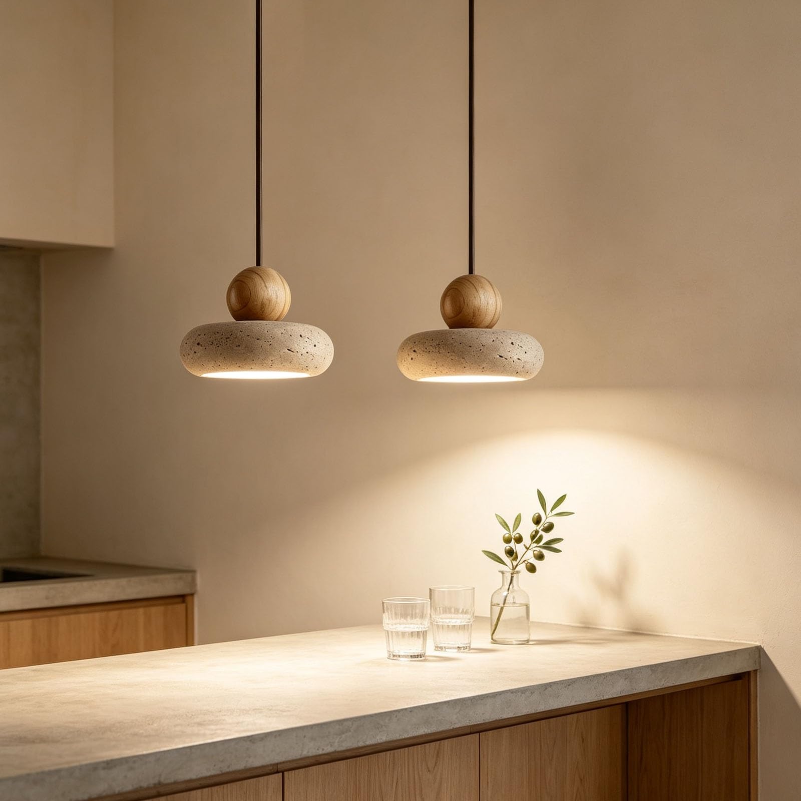 Hängeleuchte im japanischen Stil, rustikale Steinholzlampe for Esszimmer | Handgefertigte Hängevorrichtung mit walnussfarbenen Details for die Inneneinrichtung von Kücheninseln(Warm,Natural)