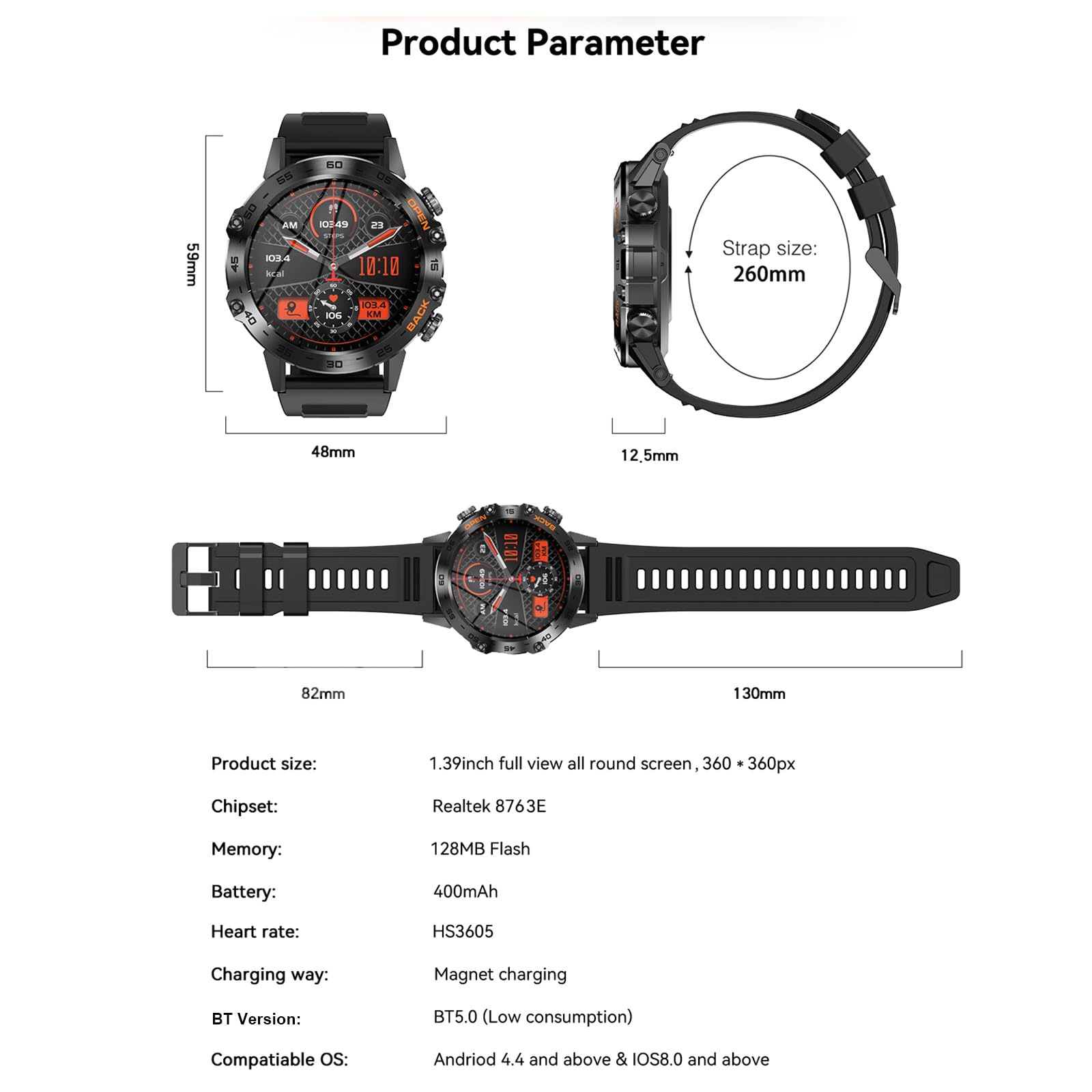 K52 Smartwatch Fitness con Schermo Touch IPS da 1,39 Pollici, Impermeabile IP67, Chiamate BT, Diverse Modalità Sportive