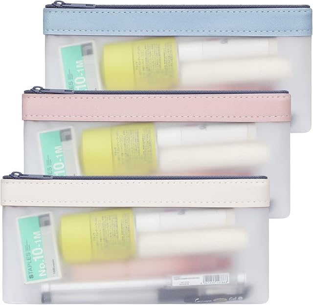 Fyy 3 PCS Pencil Case Set, Clear Exam Pencil Bag, TPU Zipper Pen Pouch, Pencil Storage Pouch, Makeup Bag for Women, Portable Office Stationery Pouch for Students Adults Blue+Pink+White