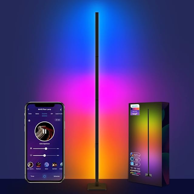 IBAYE Smart LED Floor Lamp, RGB Corner Floor Lamp, Music and DIY Mode, Modern Standing Lamp with Alexa, Google Assistant and WiFi APP, Color Changing Mood Lighting for Living Room, Bedroom (Black)
