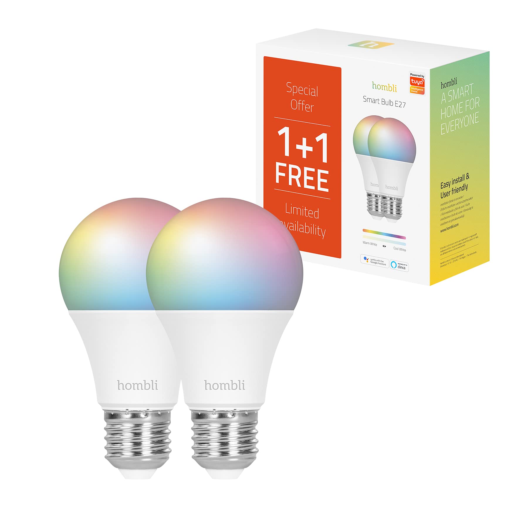 Hombli Hombli 2er Pack Smarte LED Glühbirne | 9W E27 Dimmbares Warmweißes bis Kaltweiß Licht | 800 Lumen | 16 Millionen Farben | Einfache Installation | Sprachsteuerung | Kompatibel mit Google, Alexa & Siri