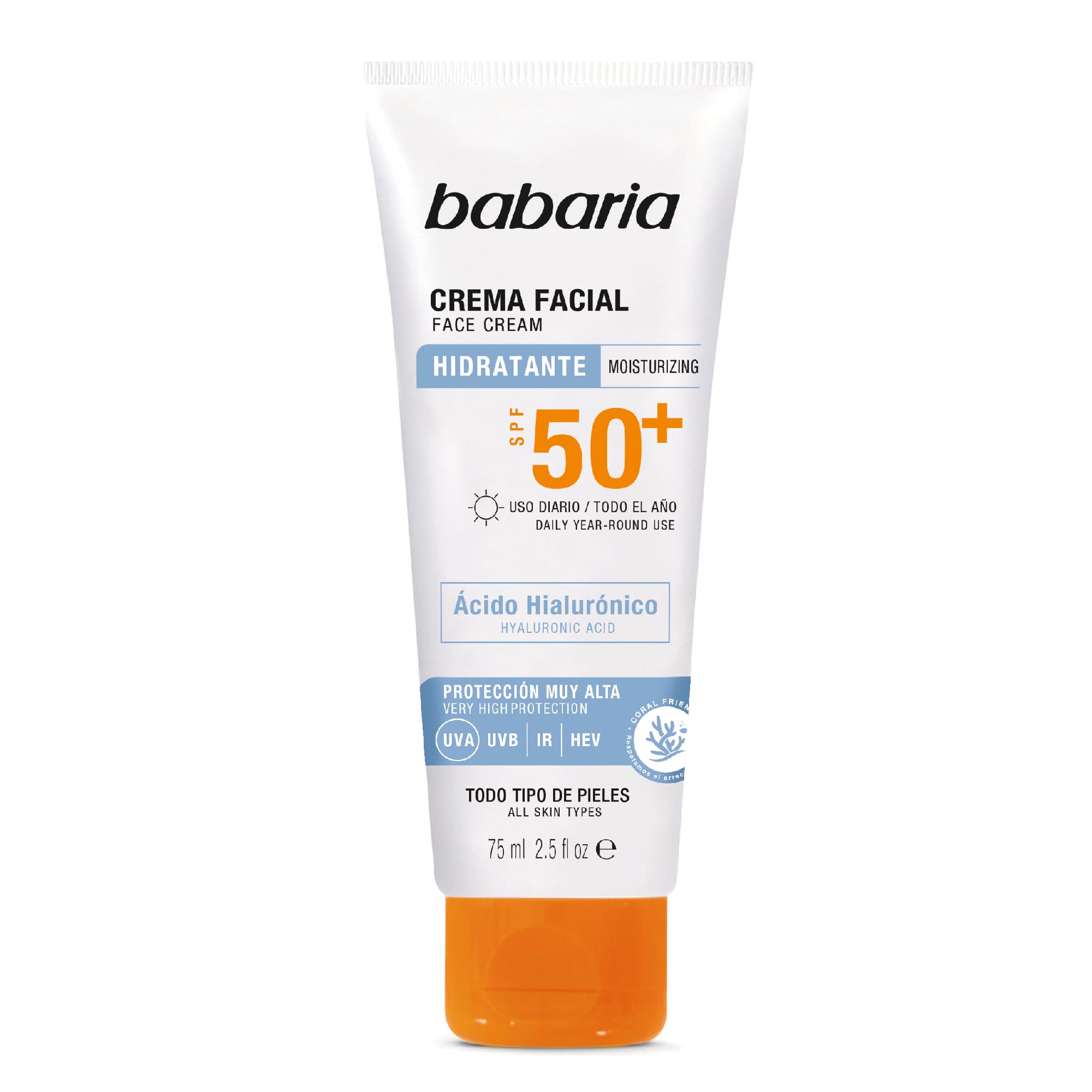 Babaria Crema Solar Facial SPF50+ con Ácido Hialurónico 75 ml – Hidratante, Antiarrugas y Antimanchas | Protector Solar 50 Facial UVA UVB e Infrarrojos
