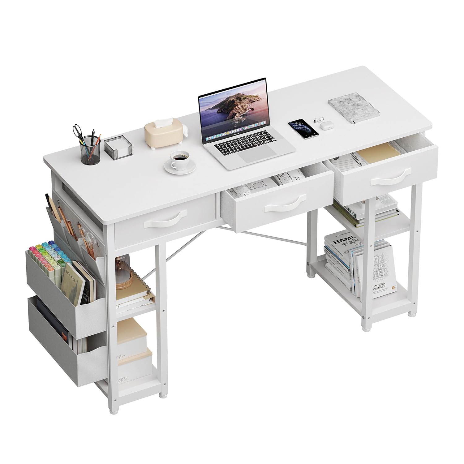 MXV 47" White Computer Desk with Fabric Drawers & Storage Shelves, Small Office Desk, Home Office Desk, Study Writing Table, Makeup Vanity Table,