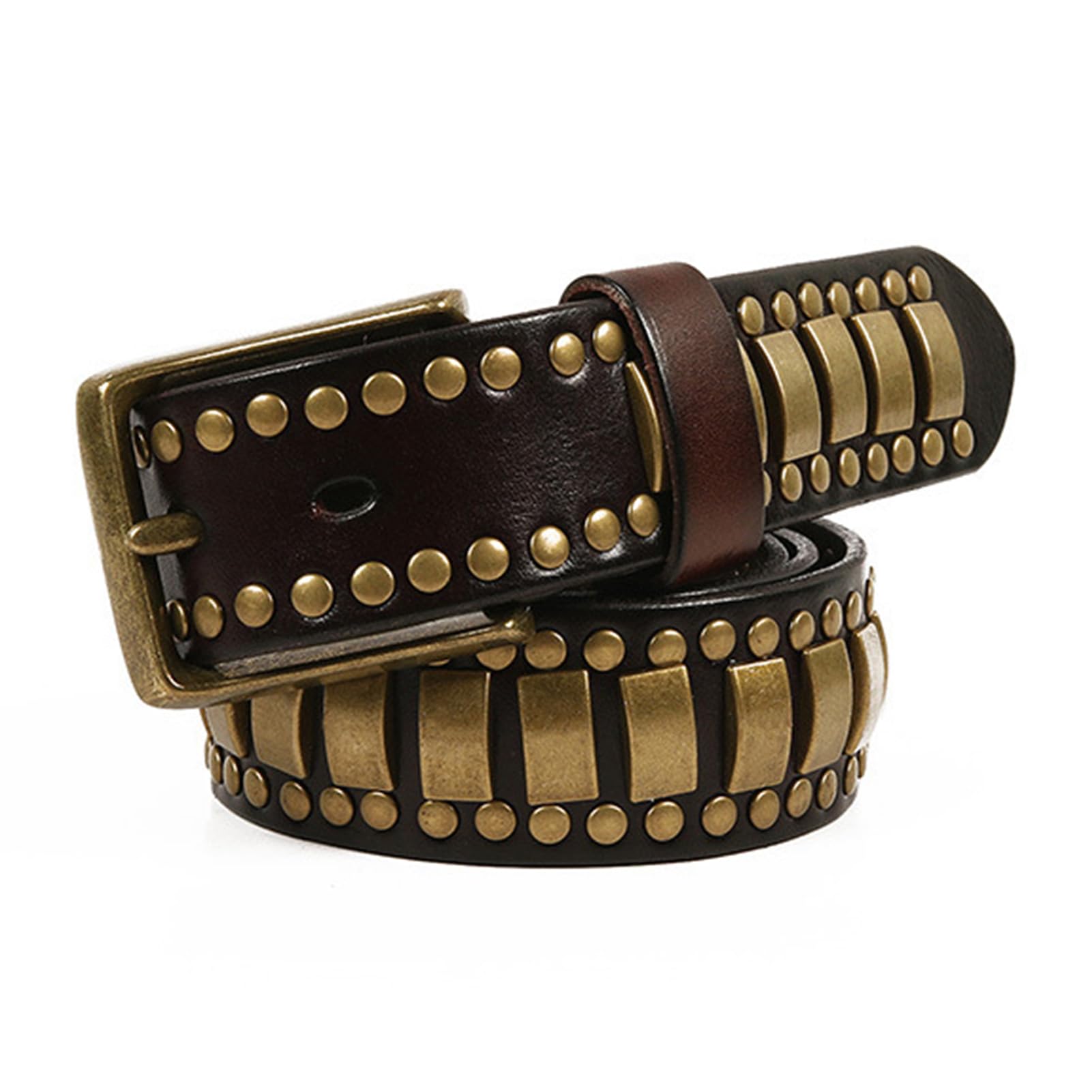 Cinture con Occhielli in Pelle Fatte A Mano Stile Punk Rock Accessorio per Jeans Cintura Regolabile Neutra Cintura A Rettangolo con Rivetti Dorati(125cm/waist:42"~44", Coffee)