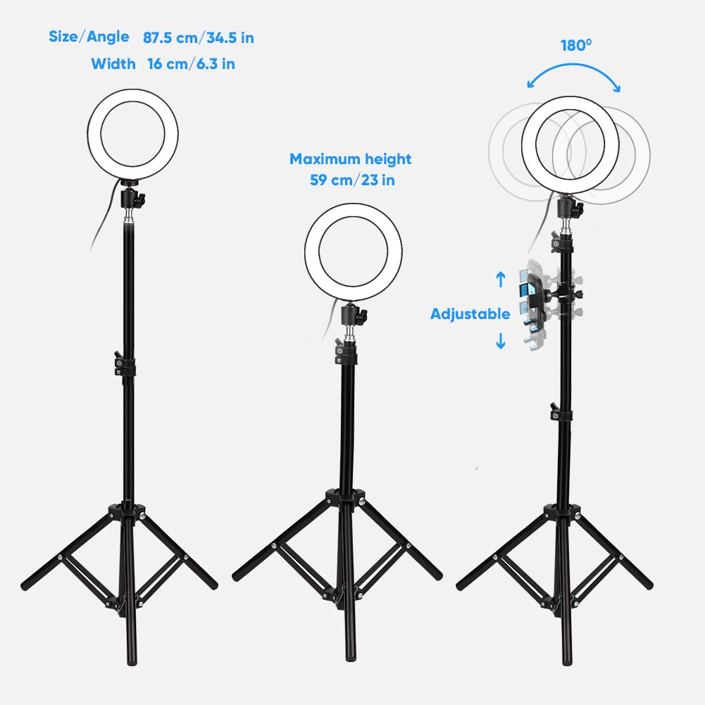 luce, 6"Standing Circle Light 3 10 Livello luminosità, Lampada Selfie per Trucco a LED (con treppiede e supporto telefono cellulare), con telecomando,Youtube, TikTok