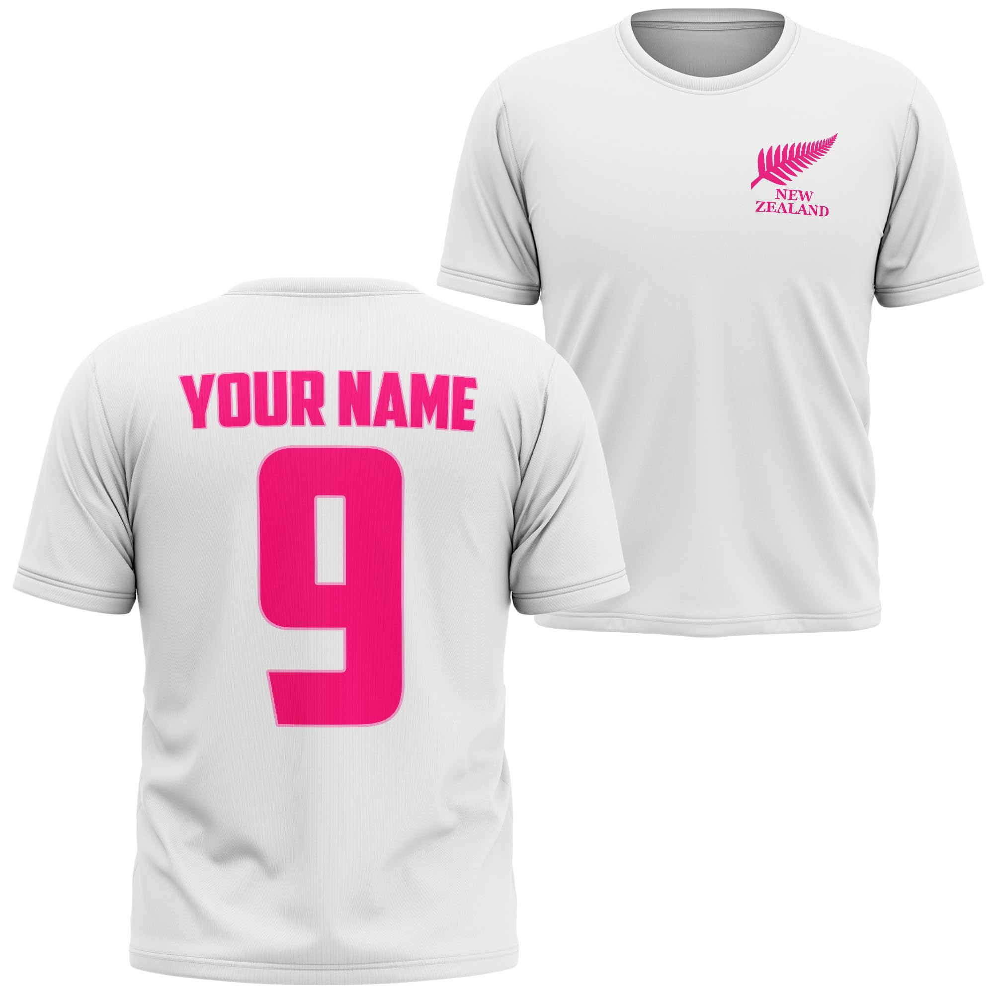 Personalised New Zealand Girls Tshirt - Pink Kiwi Custom Name Number Tee - Kids Supporter Football Rugby, 12-13 Years, White
