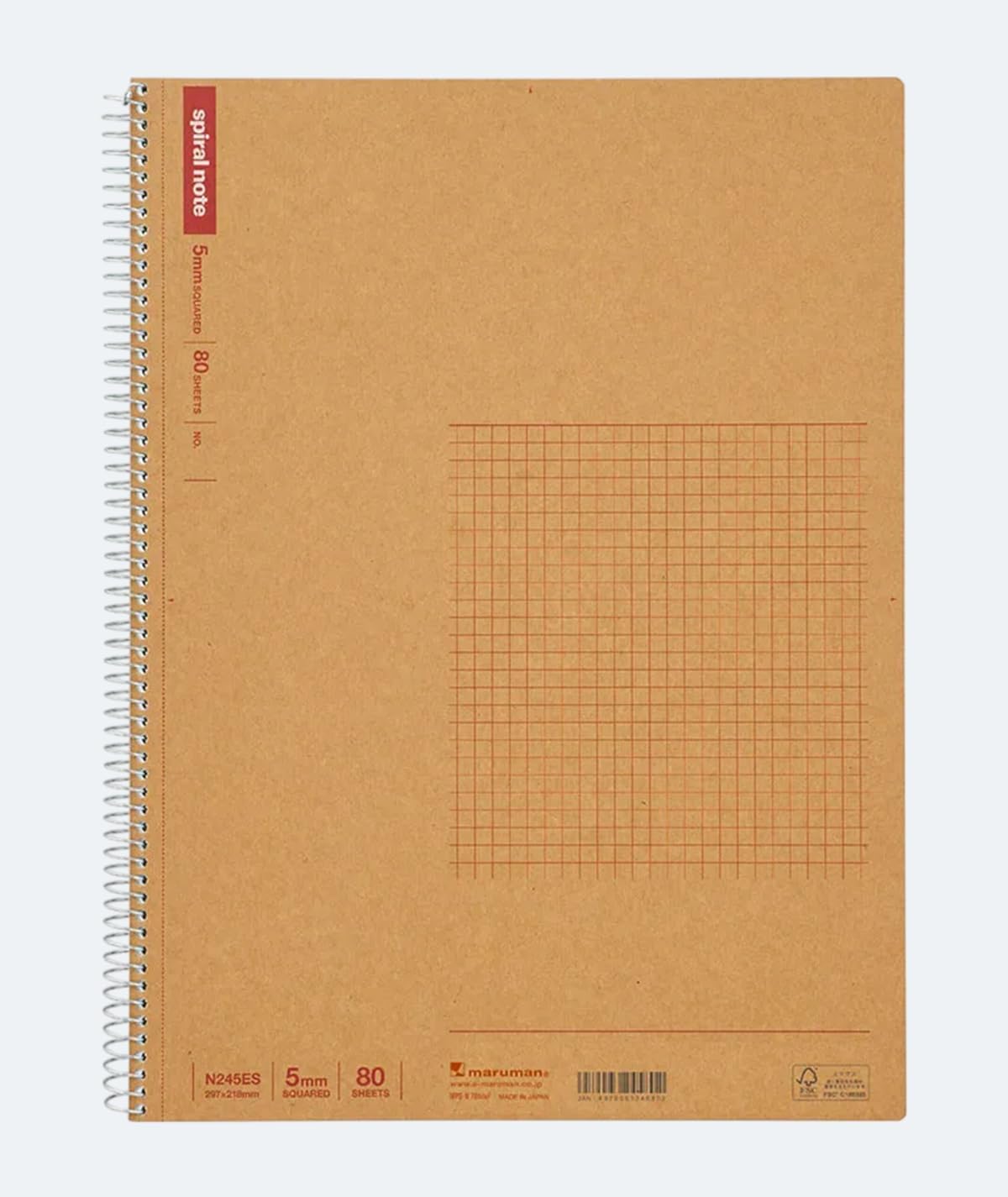 Spiral Note Basic Grid Notebook- A4, 11.69" x 8.98", 80 Sheets / 160 Pages, 5mm Graph Paper Journal, Perforated Pages & Wire-Bound to Lay Flat, Sturdy Kraft Cover, Made in Japan