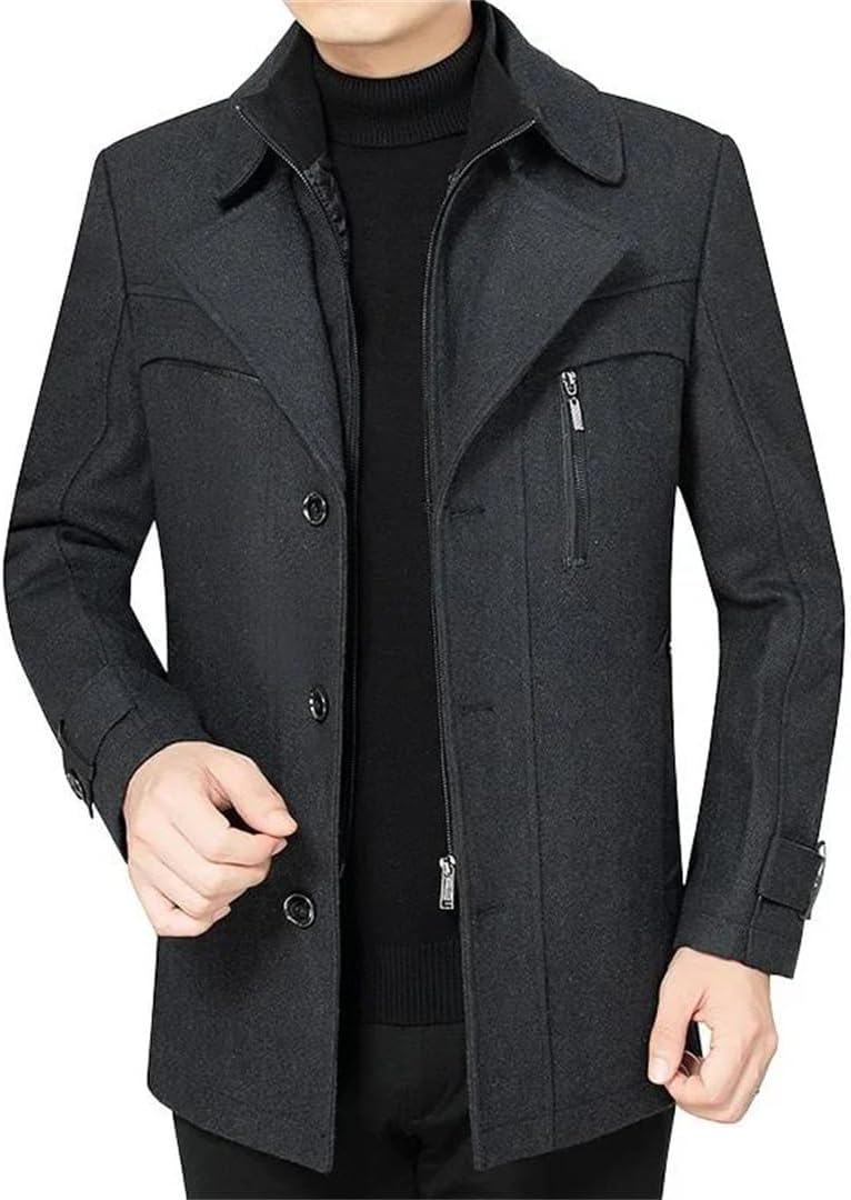 Men’S Autumn Winter Long Wool Blend Trench Coat Business Casual Overcoat Warm Classic Jacket