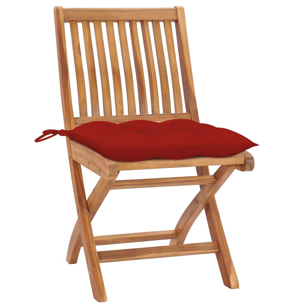 Chaises de jardin en bois avec coussin rouge : duo pliant idéal pour repas sur terrasse de patio