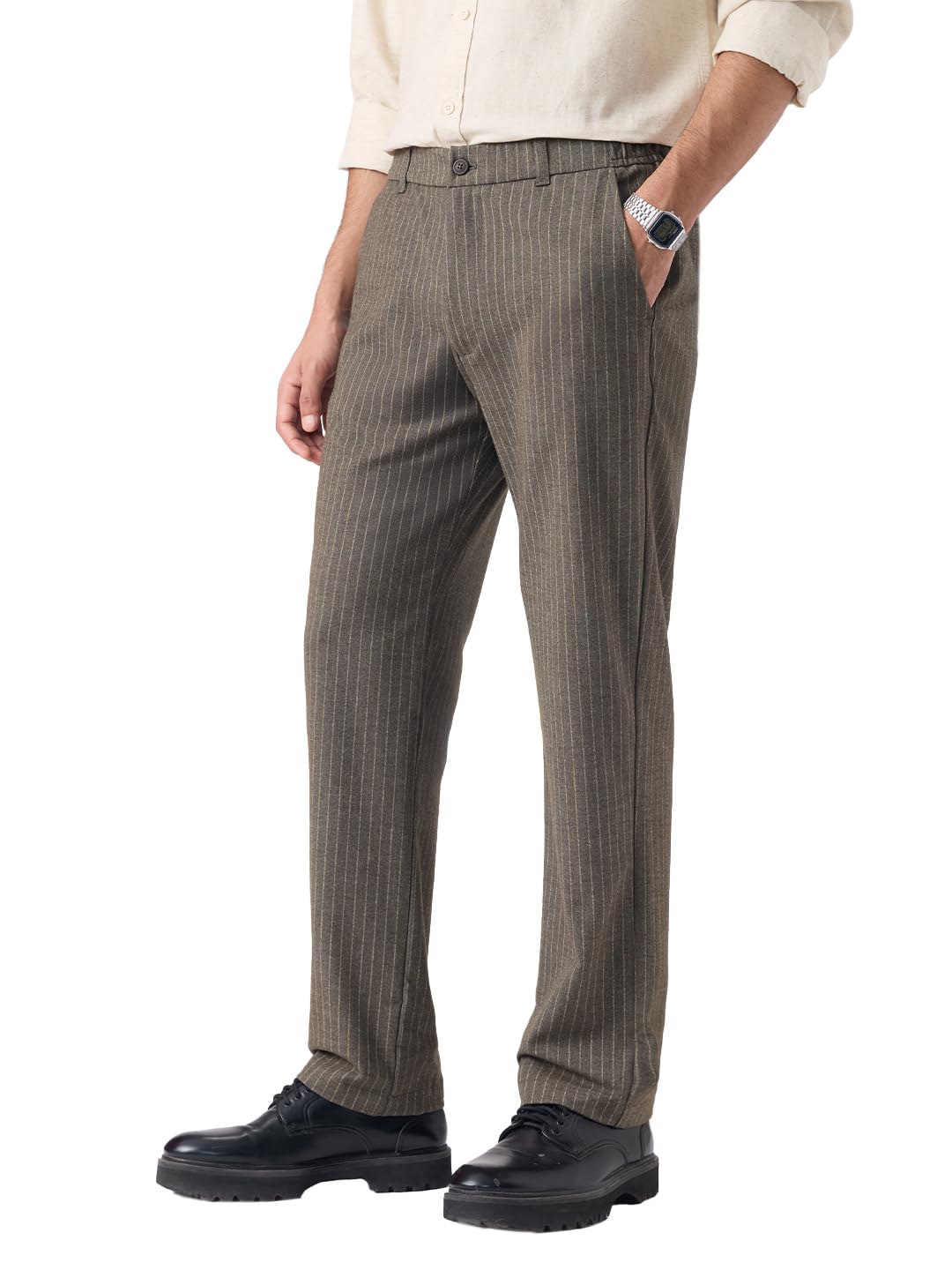 The Souled Store Super Pants: Stripes Men and Boys Polyester Viscose Elastane Blend Regular Fit Wrinkle Resistant Stretchable Trousers Super Flex Pants in neutral