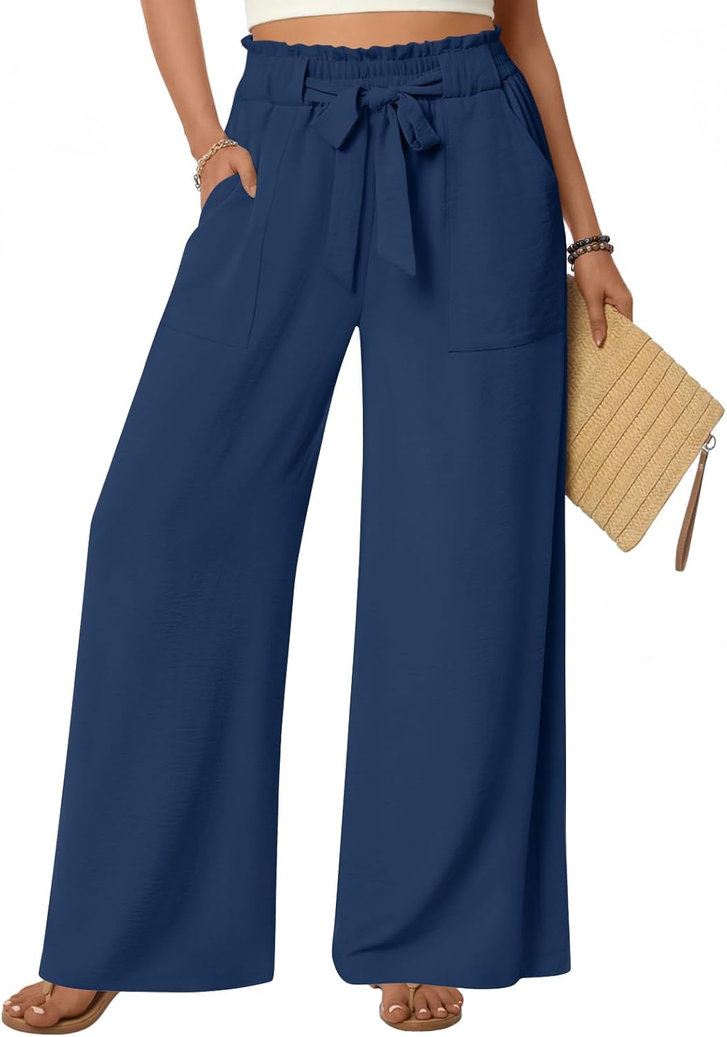 Anyhold Womens Wide Leg Palazzo Pants Dressy Casual Loose High Waist Trousers Flowy Work Adjustable Pants with Pockets