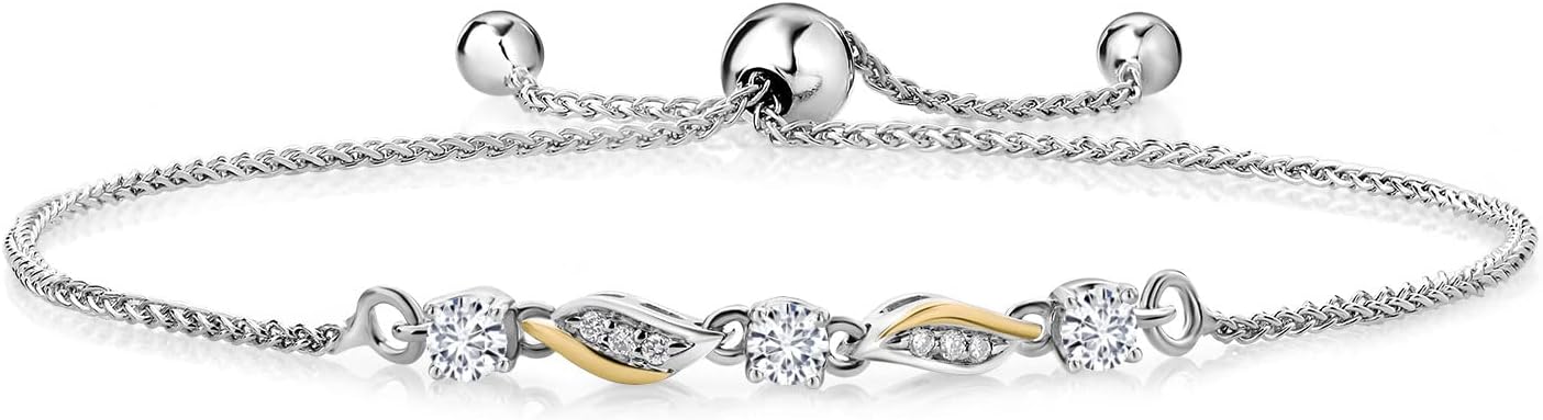 Gem Stone King 3-Stone Adjustable Bracelet for Women | 925 Silver and 10K Yellow Gold | Gemstone Birthstone and Lab Grown Diamond | Round 3MM | Two-Tone Adjustable Tennis Bracelet Up to 9 Inch