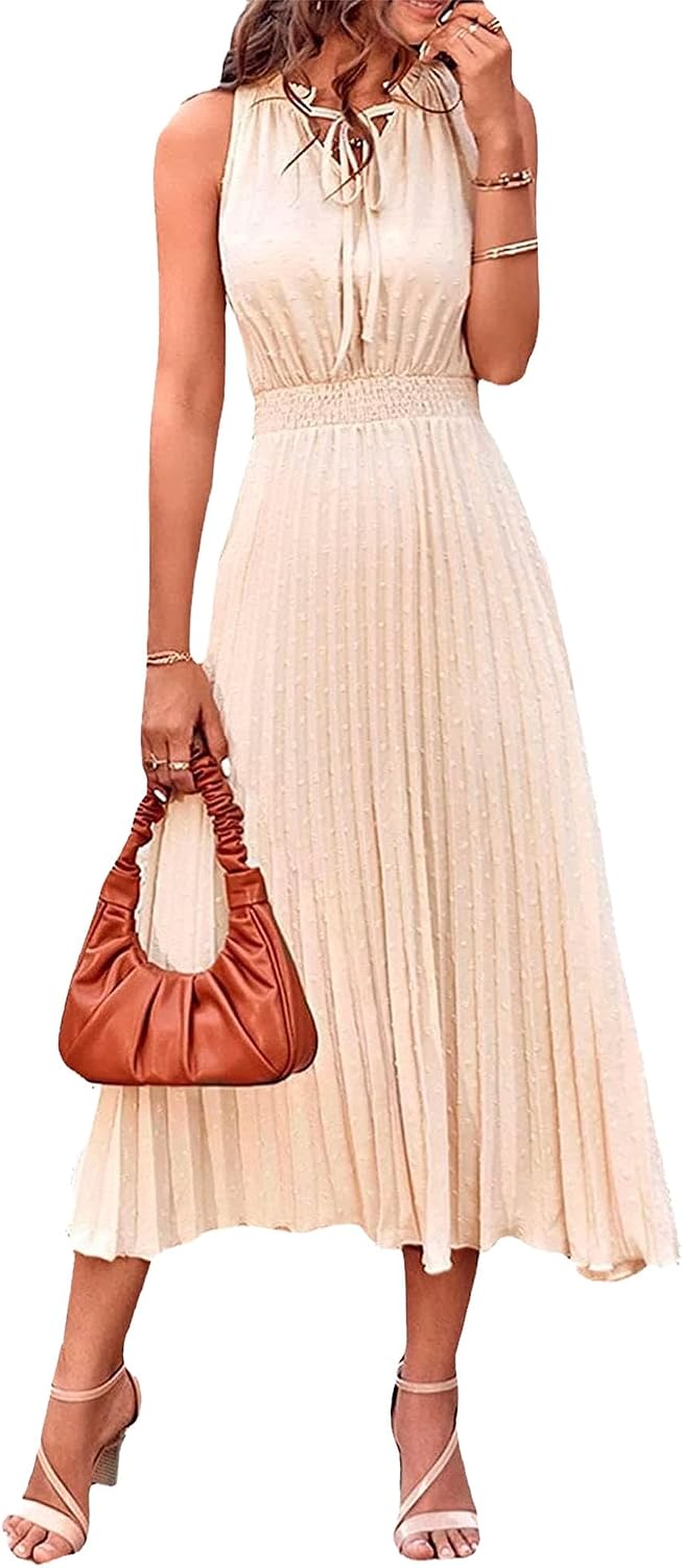 Generic Womens Midi V Neck Tie Front Swiss Dot Ruffle Dress Casual Sleeveless Beach Sun Dress Solid A Line Pleated Midi Dress