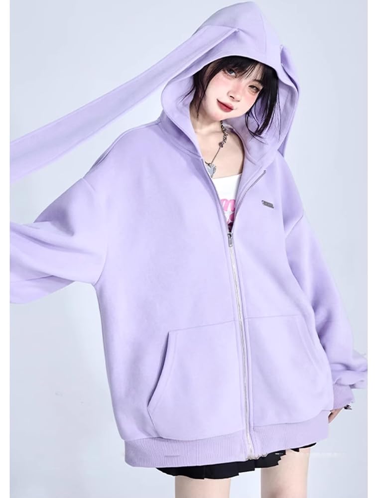 DESIGNERS REMIX - 汎用ウサギプリント グレー ウサ耳フード付きパーカースウェットトレーナー 原宿系 DESIGNERS REMIX - 汎用ウサギプリント グレー ウサ耳フード付き