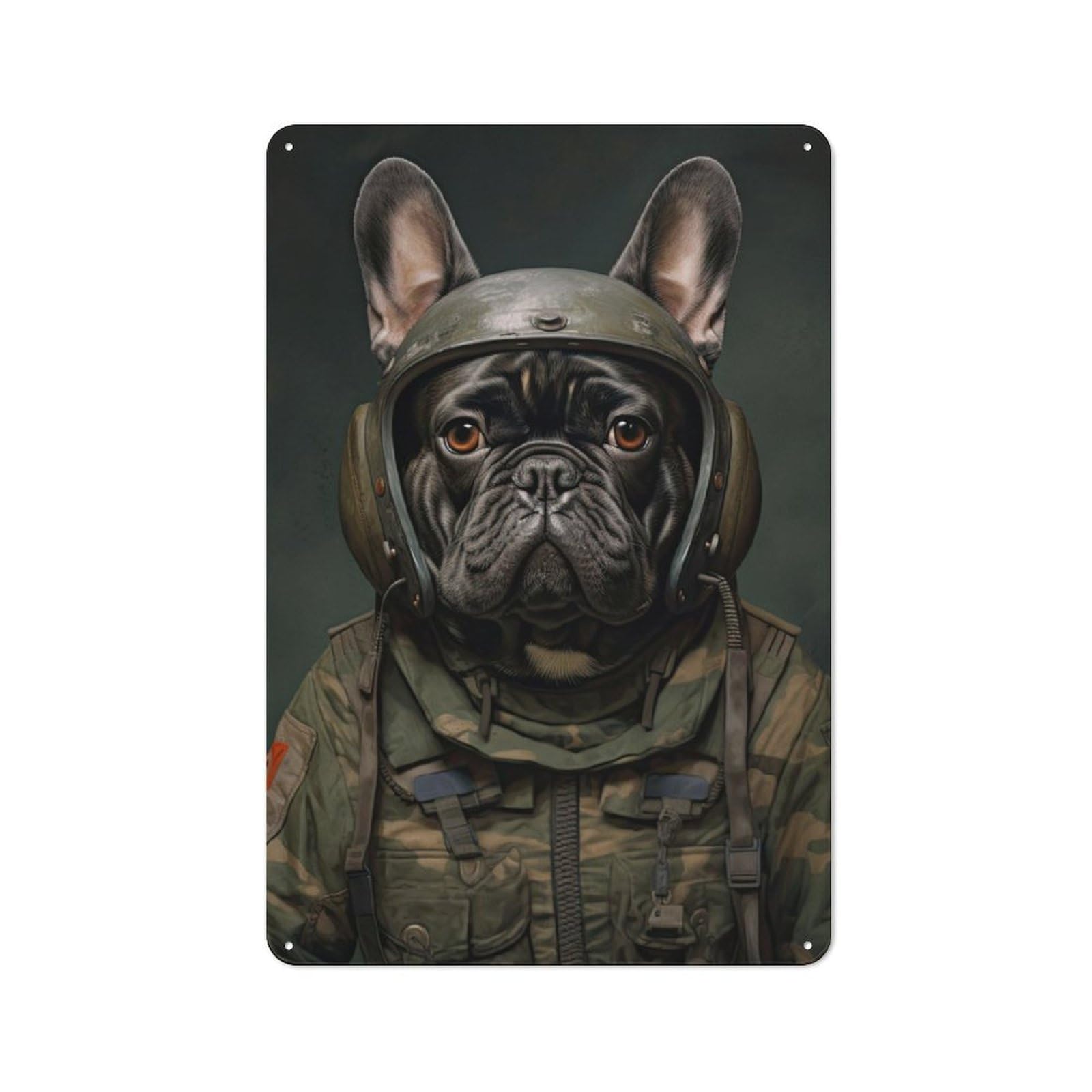 Junmoney French Bulldog Soldier Metal Plaque 30X20cm With For Garage Wall, Retro Decor, For Themed Interiors In Garages And Workshops