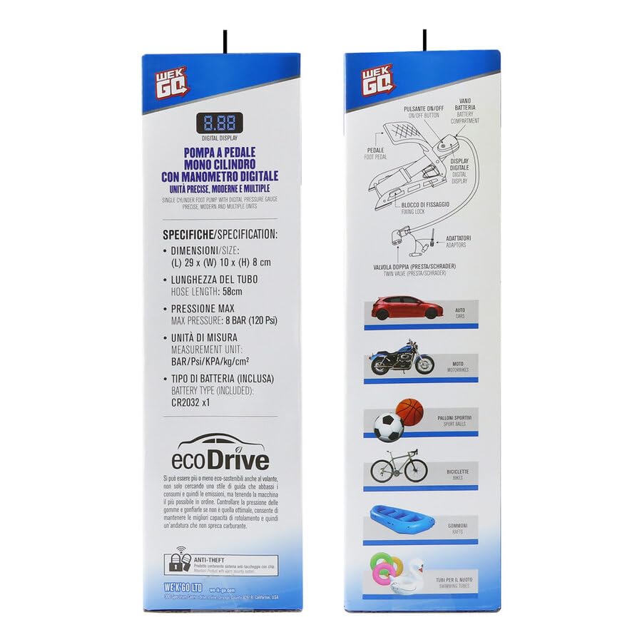 WEKGO Pompa a Pedale Auto/Bici con Manometro Digitale Precisione | Gonfiatore Universale 8 BAR / 120 PSI per Pneumatici, Palloni, Gonfiabili | Valvole Presta/Schrader, Tubo Lungo 58cm