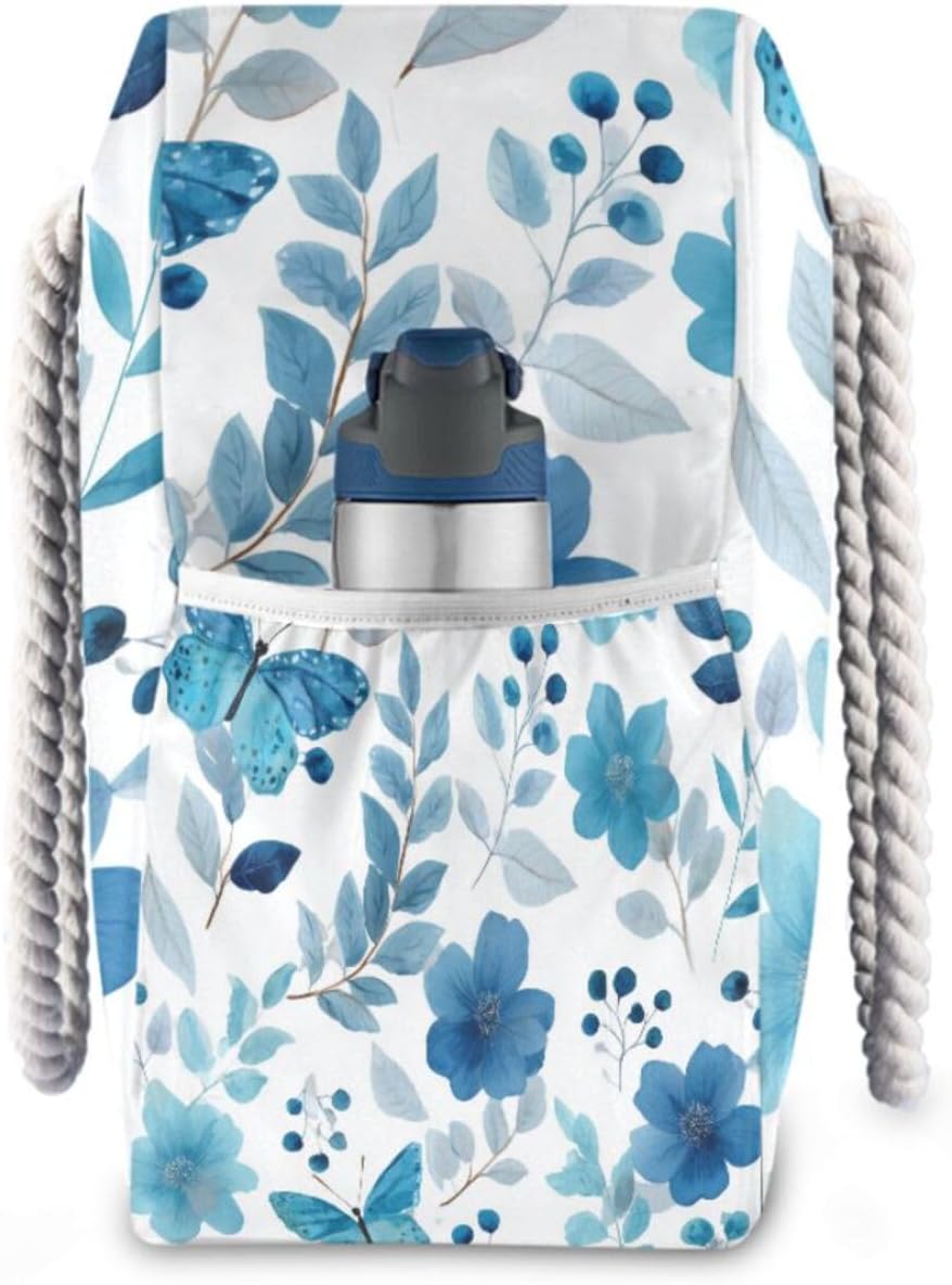 OTVEE Flower Butterflies and Leaves Beach Bags for Women Ladies Large Canvas Tote Shoulder Bag Waterproof Travel Bags for Gym Swim Pool Camping