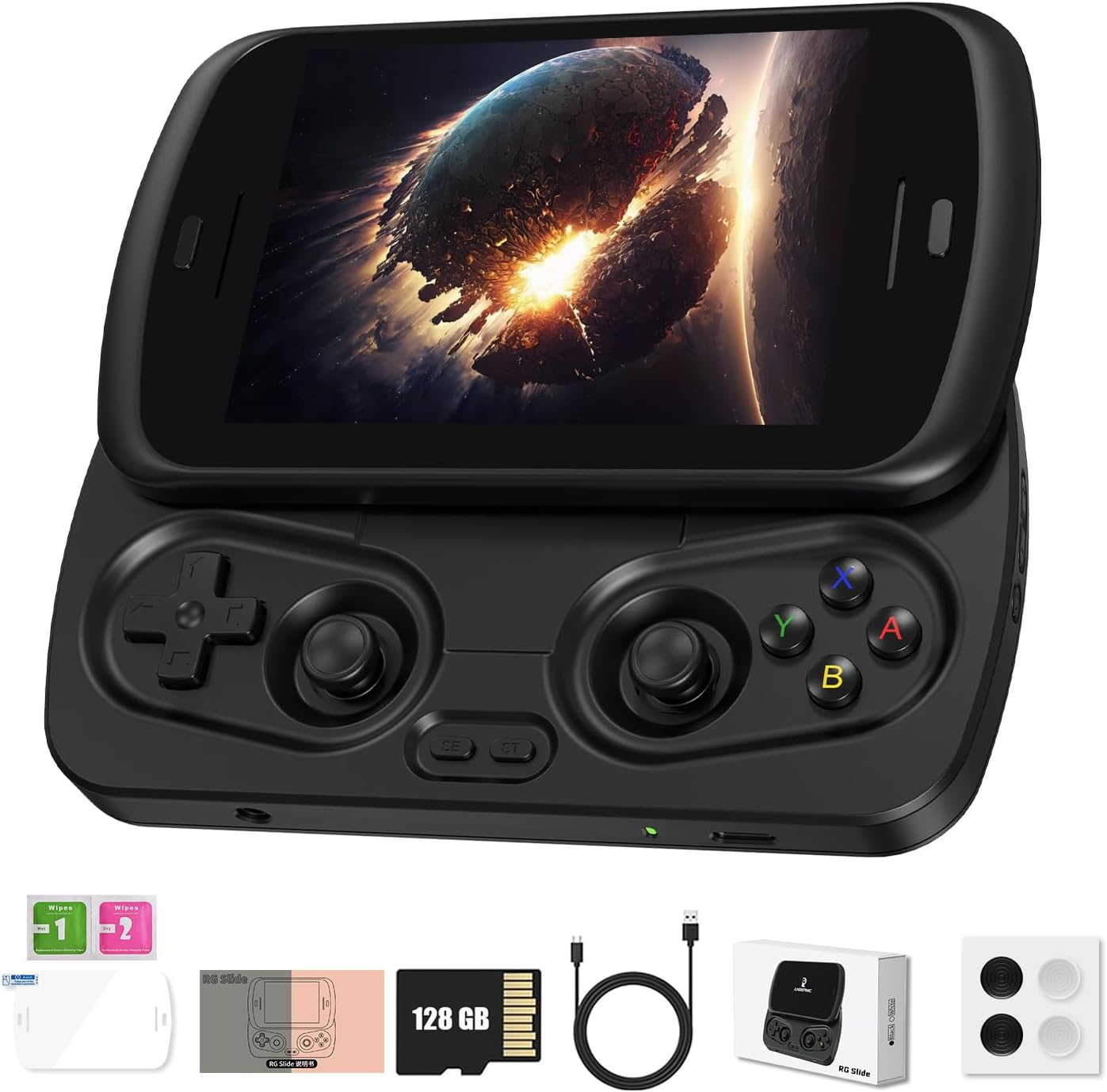 RG Slide Handheld Game Console RG Slide 4.7-inch LTPS In-Cell display 1280*960 Screen Retro Game Console 128G UFS2.2 Card Portable Arcade Video Gaming Console with Capacitive Joystick Black