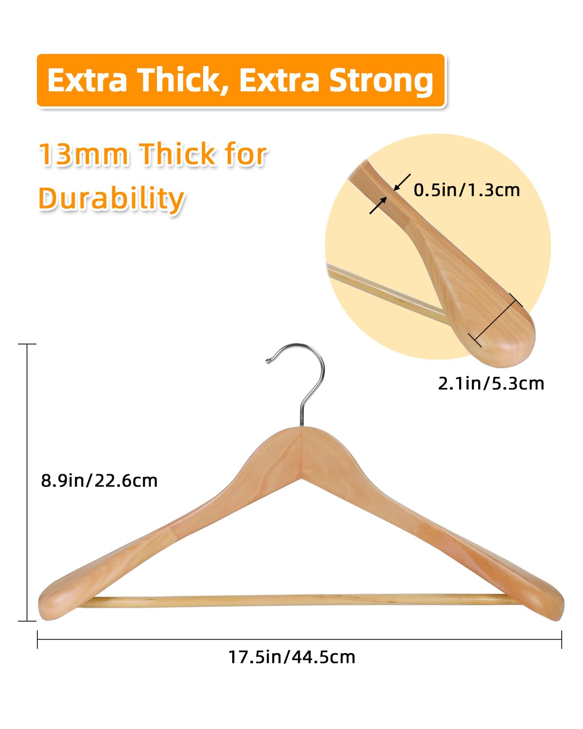 Hangerman Lot de 10 Cintres de Luxe en Bois Massif Naturel 44.5cm, de Épaules Larges, pour Manteau Costume Veste, avec Barre Ronde Antidérapante