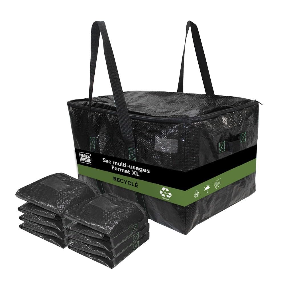 Pack and Move - Lote de 6 bolsas de almacenamiento, 55 x 35 x 30 cm, asas sólidas, movimiento y transporte, ultra resistente, reutilizable, 55 l