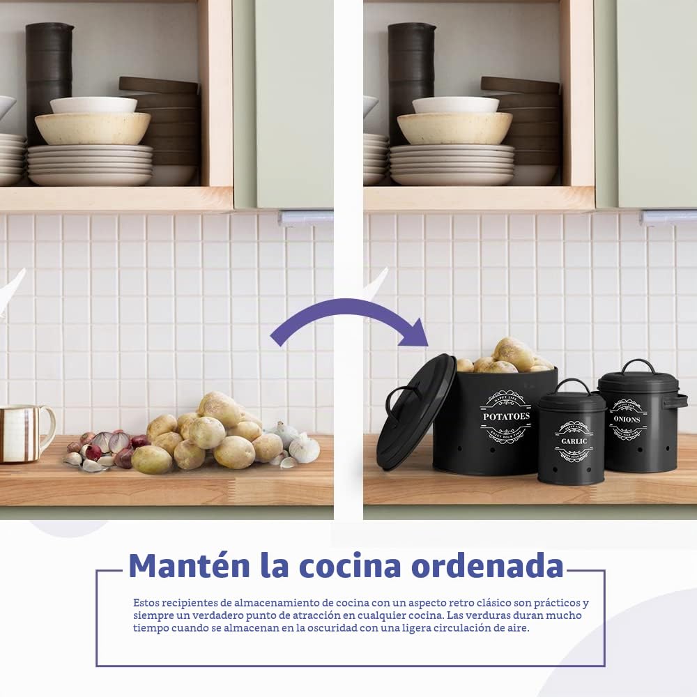 VirklyeeTarros de patatas Tarro de cebolla Tarro de ajo Juego de 3 Frascos de almacenamiento para frutas y verduras Tanque de almacenamiento de metal Botes para alimentos (Negro)