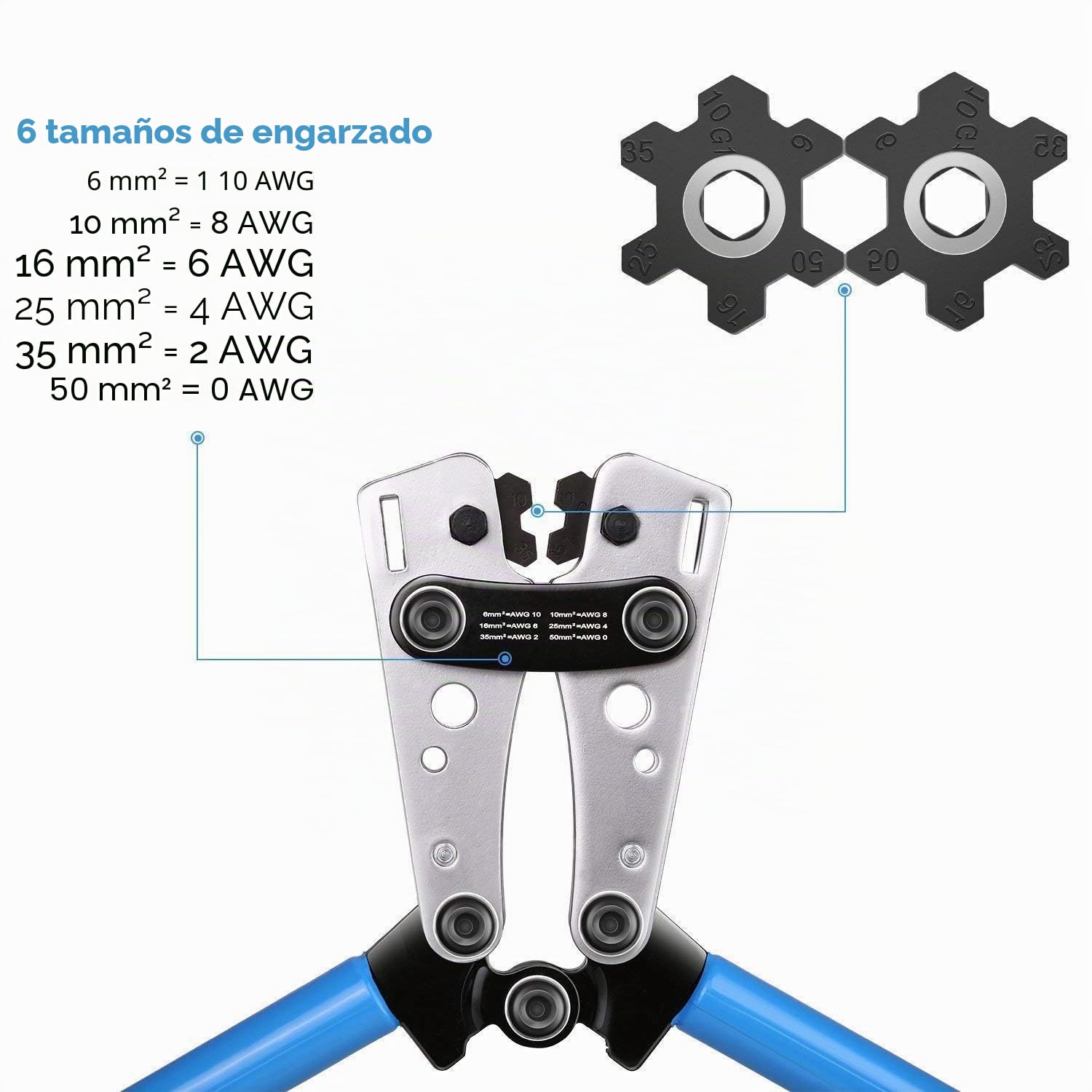 TOPWAY Herramienta de Crimpado de Terminales de Cable 6-50 mm² + 240 mm Cortador de Cable + 60 PCs Kit de Terminales de Cable de Cobre, Herramienta de Electricista Manual 4164346