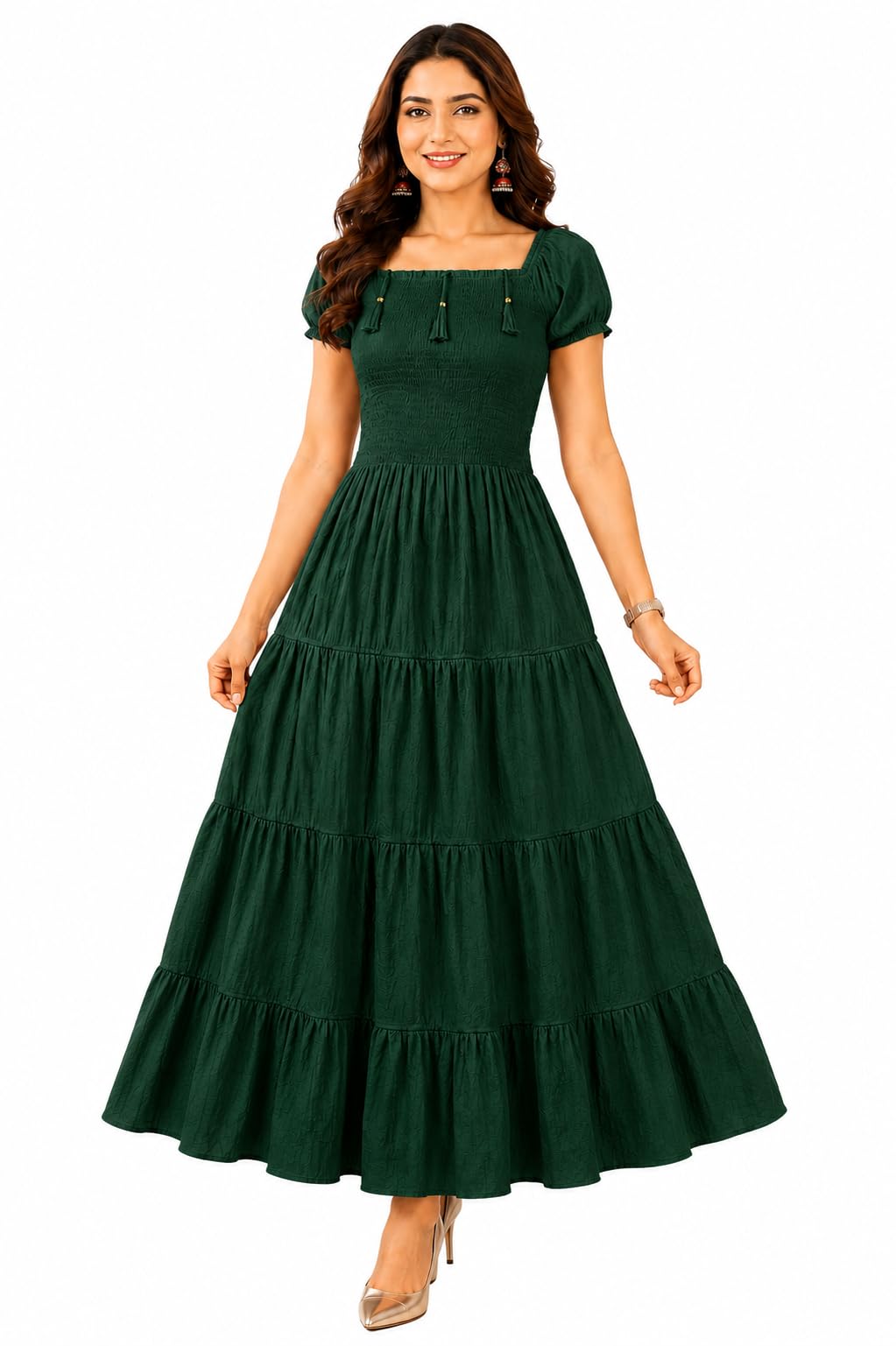 Women’s Rayon Maxi Dress | Square Neck Smocked Bodice Short Sleeve Tiered A-Line Long Dress | Flowy Casual, Party & Vacation Wear-picture-47