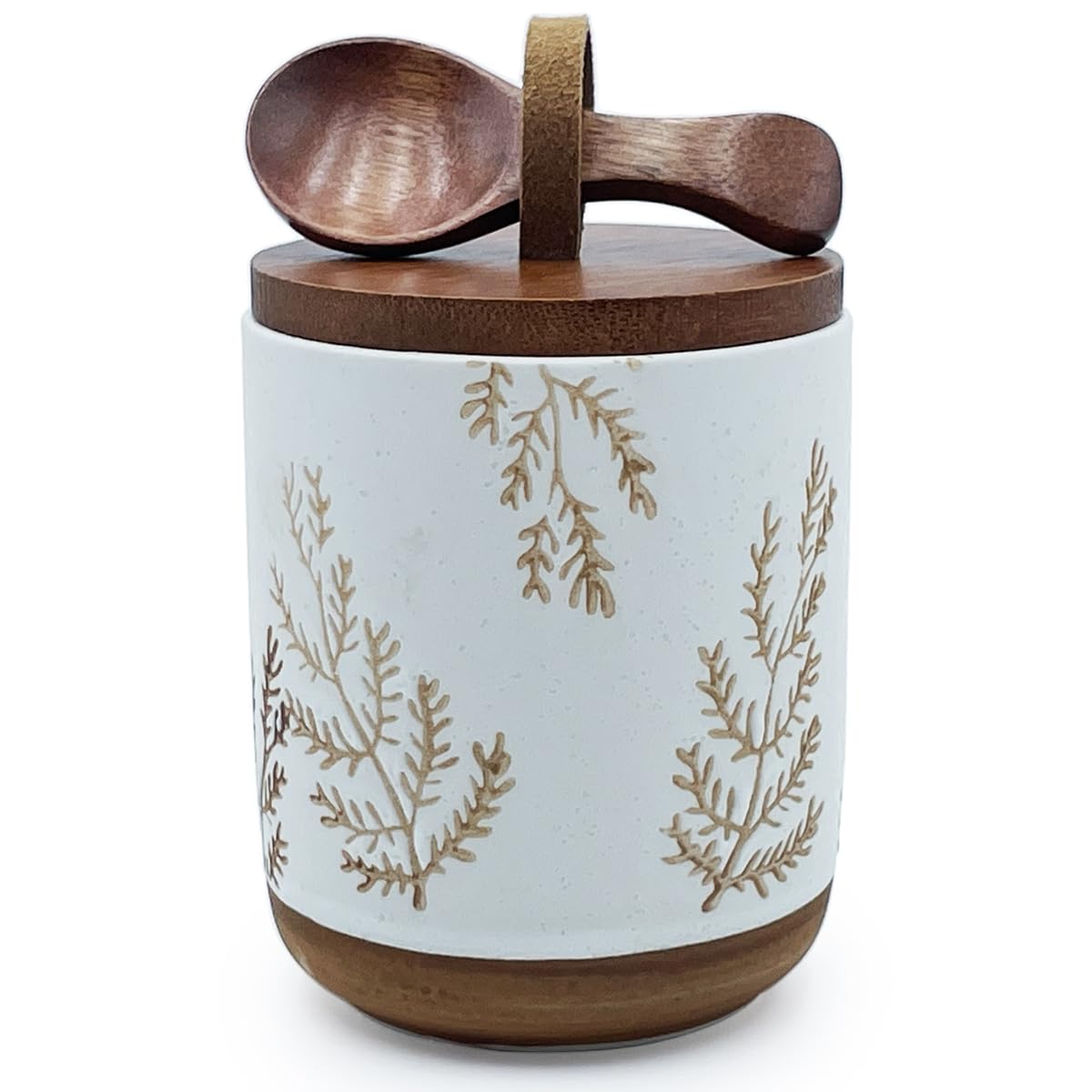 Tarro de cerámica hermético de 10 oz con cuchara de madera para proteger tus especias y café