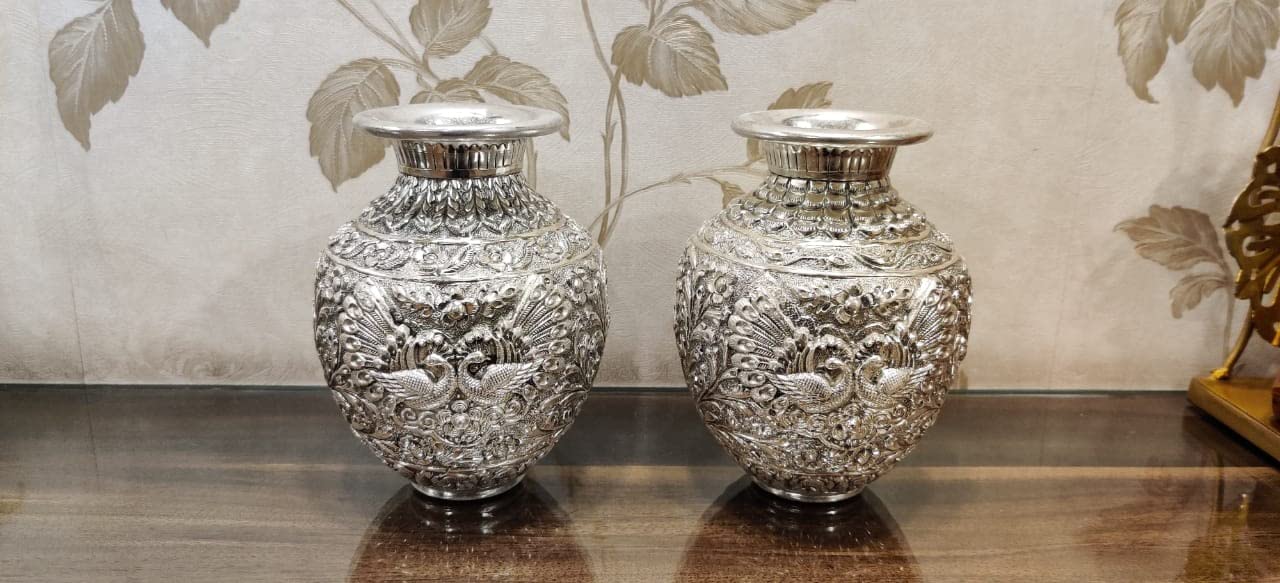 German Silver Engraved Vase/Matki/Bowl Pair for Home/Office Decor - Size (WxH) - 5 x 7 Inch - Pack of 2 Pcs (Ganesha Design)