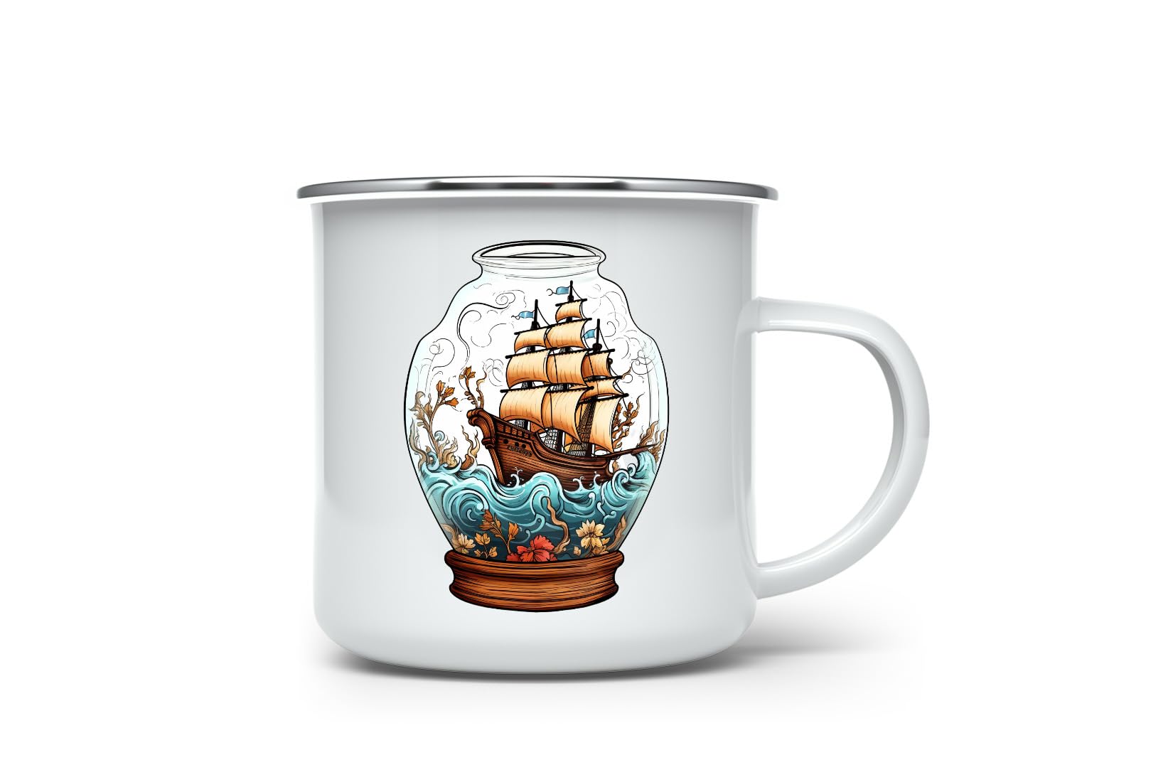 MAXIKIWI - Durable Enamel Coffee or Tea Camping Mug for Indoor Outdoor Use - Ship in a Bottle - 350ml