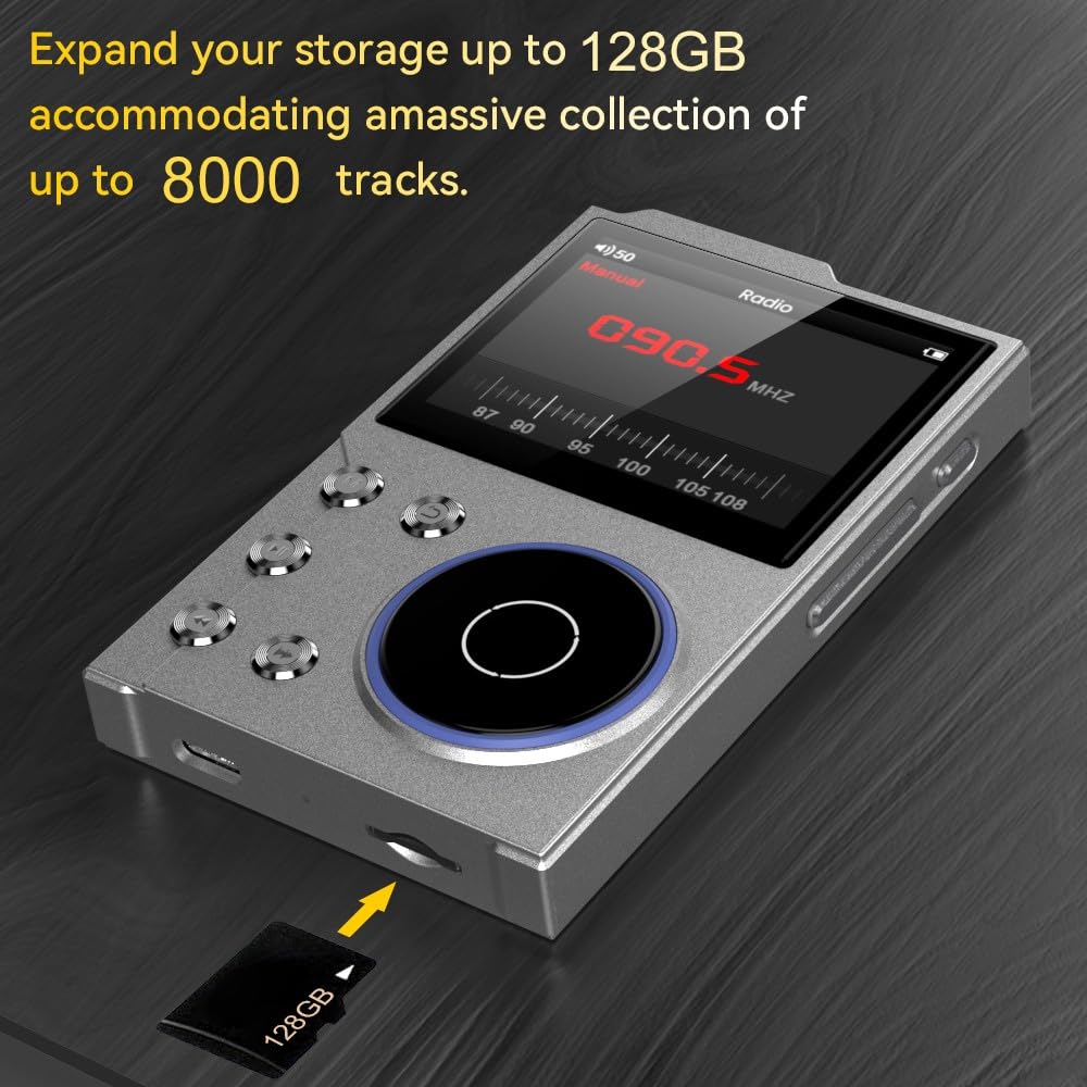 Lettore MP3 portatile TFT da 2,4 pollici con Unibody in lega di zinco, SNR 93 dB, slot per schede TF (fino a 128 GB), WAV/FLAC/APE/DSD256 audio senza perdite, principianti e anziani