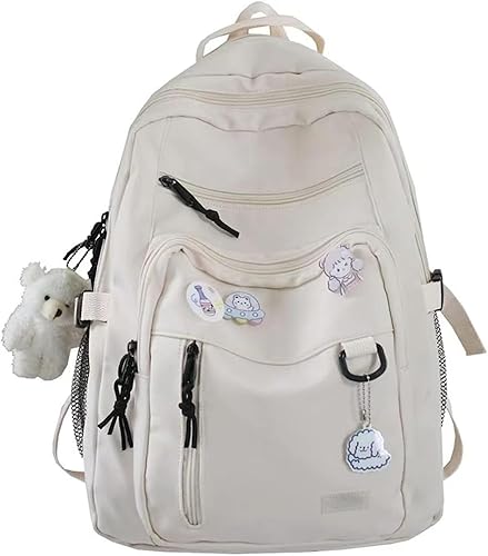 Mochila estética, linda mochila Kawaii con alfileres y colgante para laptop, mochila casual para mujer, Beige