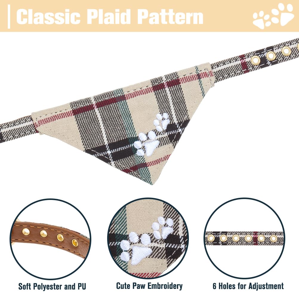 EXPAWLORER Classic Plaid Dog Collar with Bow Tie and Pawprint Bandana, No Tangle Lead, Adjustable for Small Medium Dogs Brown Medium - Image 2