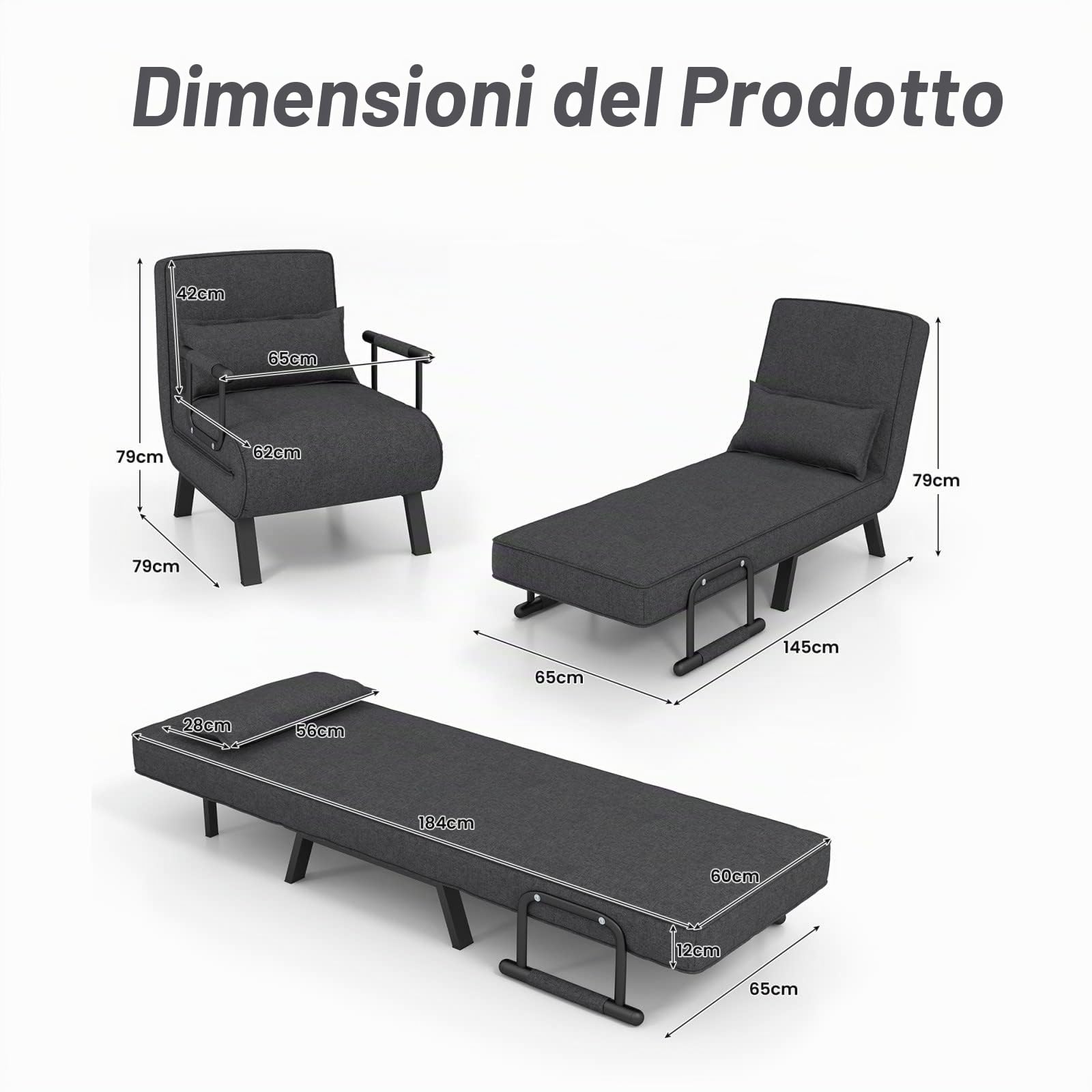 LIFEZEAL Poltrona Letto, Divano Letto, Divanetto Singolo, Schienale Regolabile, Imbottito in Spugna, Telaio in Acciaio, con Materasso, Cuscino, Braccioli, Relax, Soggiorno, Ufficio, Max150 kg, Grigio