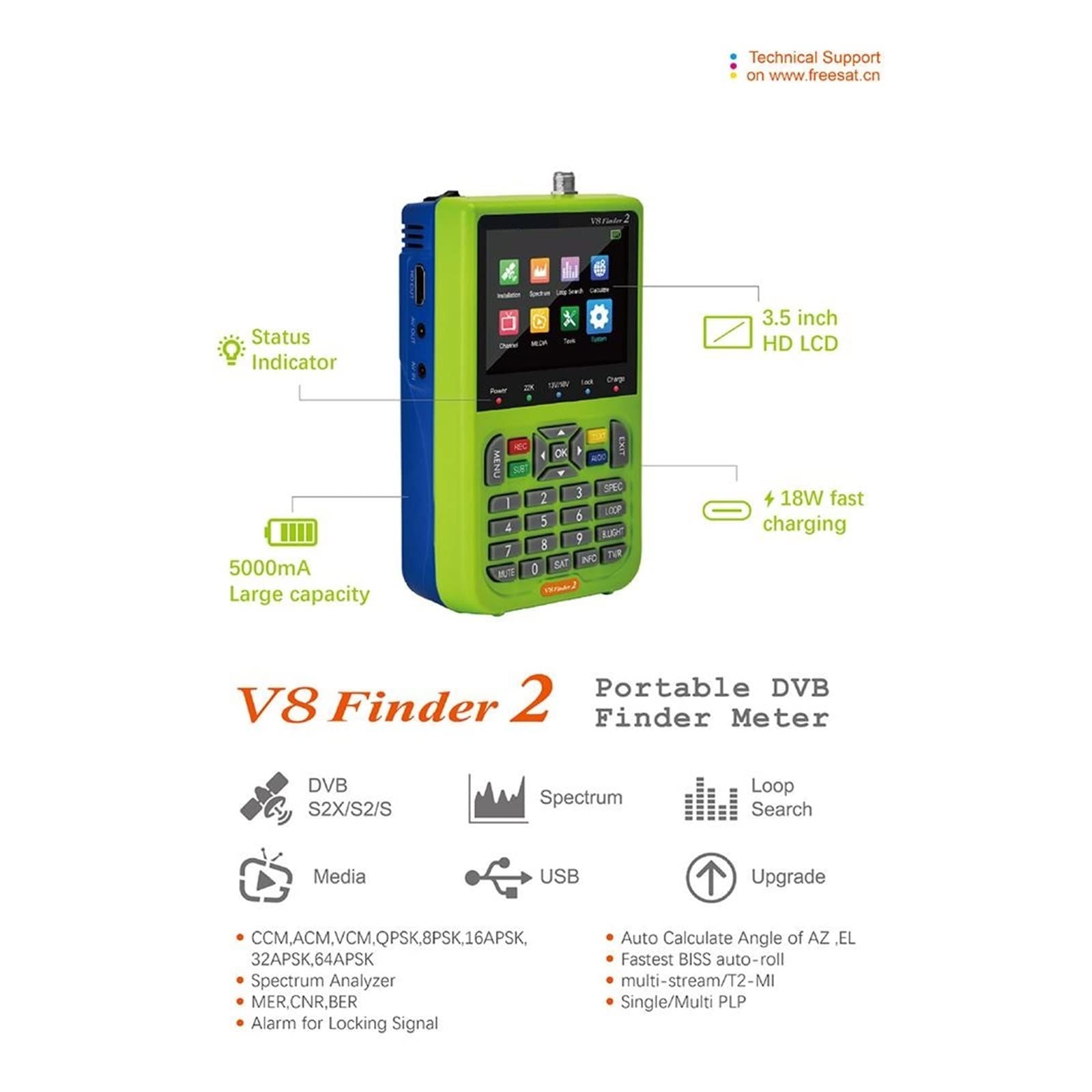 Détecteur de Satellites, 1080p HD V8 Finder 2 mètres DVB-S/S2 Affichage numérique Satellite Type-c Signal Rechargeable récepteur de télévision par(with Storage Bag)