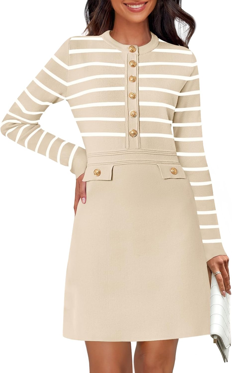 MEROKEETY Women's Long Sleeve Striped Sweater Dress Button Crewneck Fall Bodycon Formal Mini Dresses