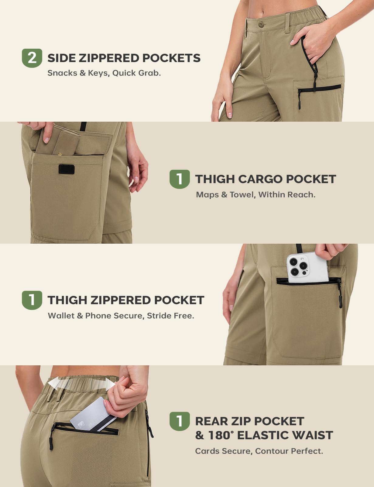 Cycorld Pantalones de senderismo para mujer, pantalones de trekking, transpirables, elásticos, pantalones de trekking desmontables, con cremallera, para verano, pantalones funcionale