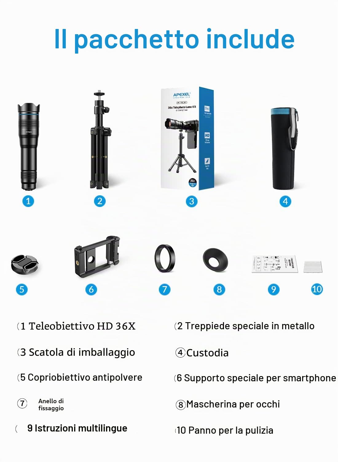 Apexel Teleobiettivo HD 36X per smartphone, obiettivo cellulare con treppiede per iPhone, Samsung Huawei e la maggior parte degli smartphone