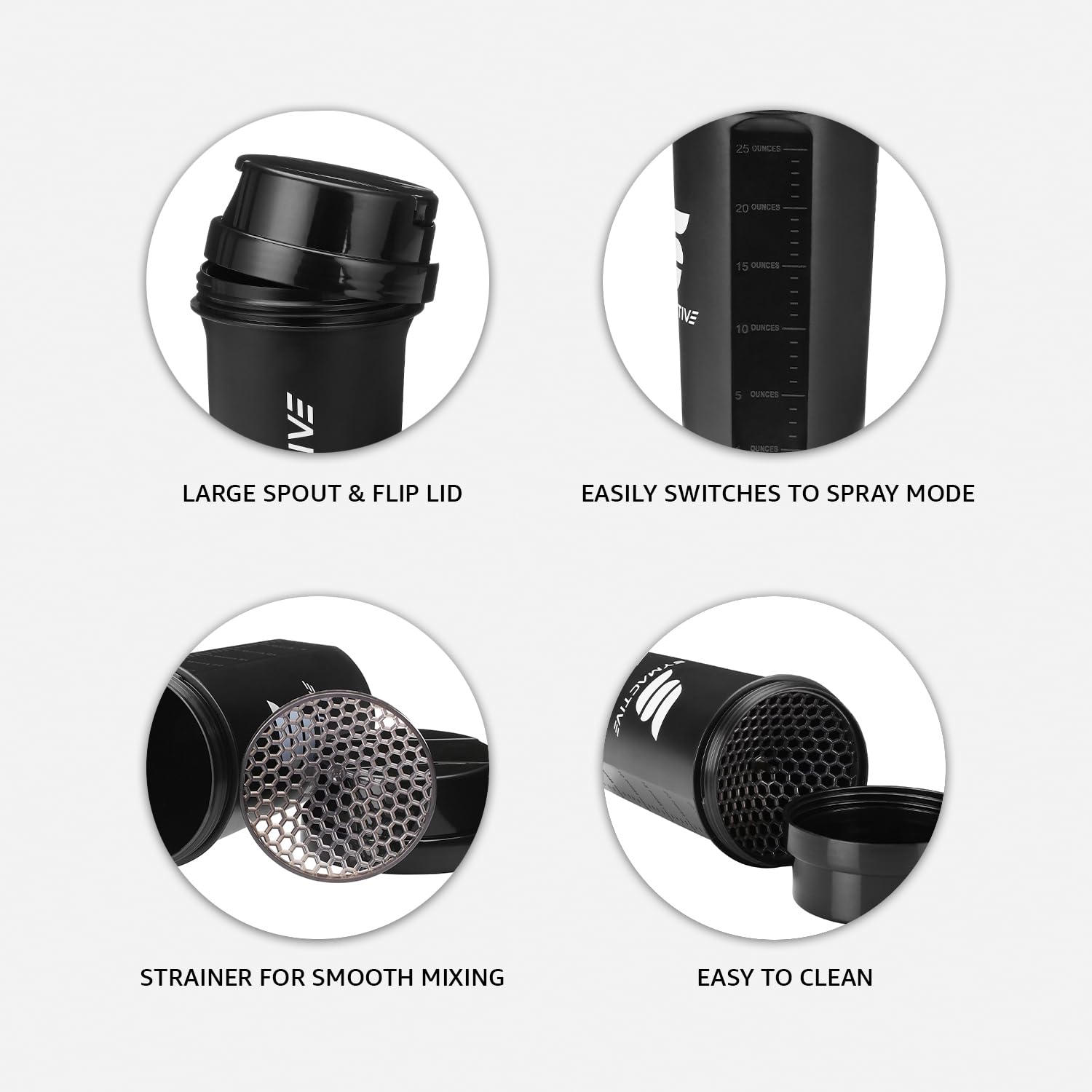 Amazon Brand - Symactive Leakproof Unbreakable Sports Shaker Bottle with Strainer, Anti Odour Large Spout & Flip Lid, BPA-Free (Color: Black, 700 ml),Plastic - Image 3 thumbnail