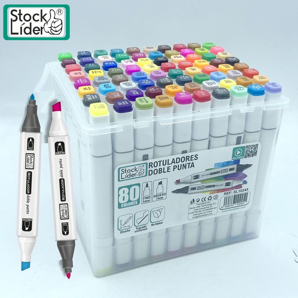 Set de Rotuladores Duales: 80 rotuladores doble punta, rotuladores profesionales, caja rotuladores – Para uso en diseño, renderizado, cómics, proyectos de bricolaje. (80)